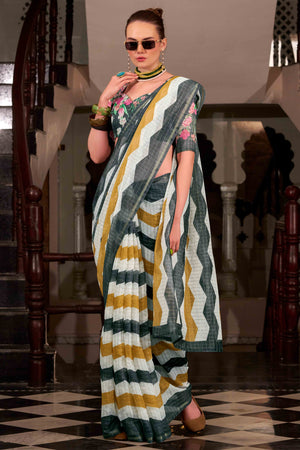 Black & Mustard Woven Cotton Silk Saree With A Zig-Zag Pattern