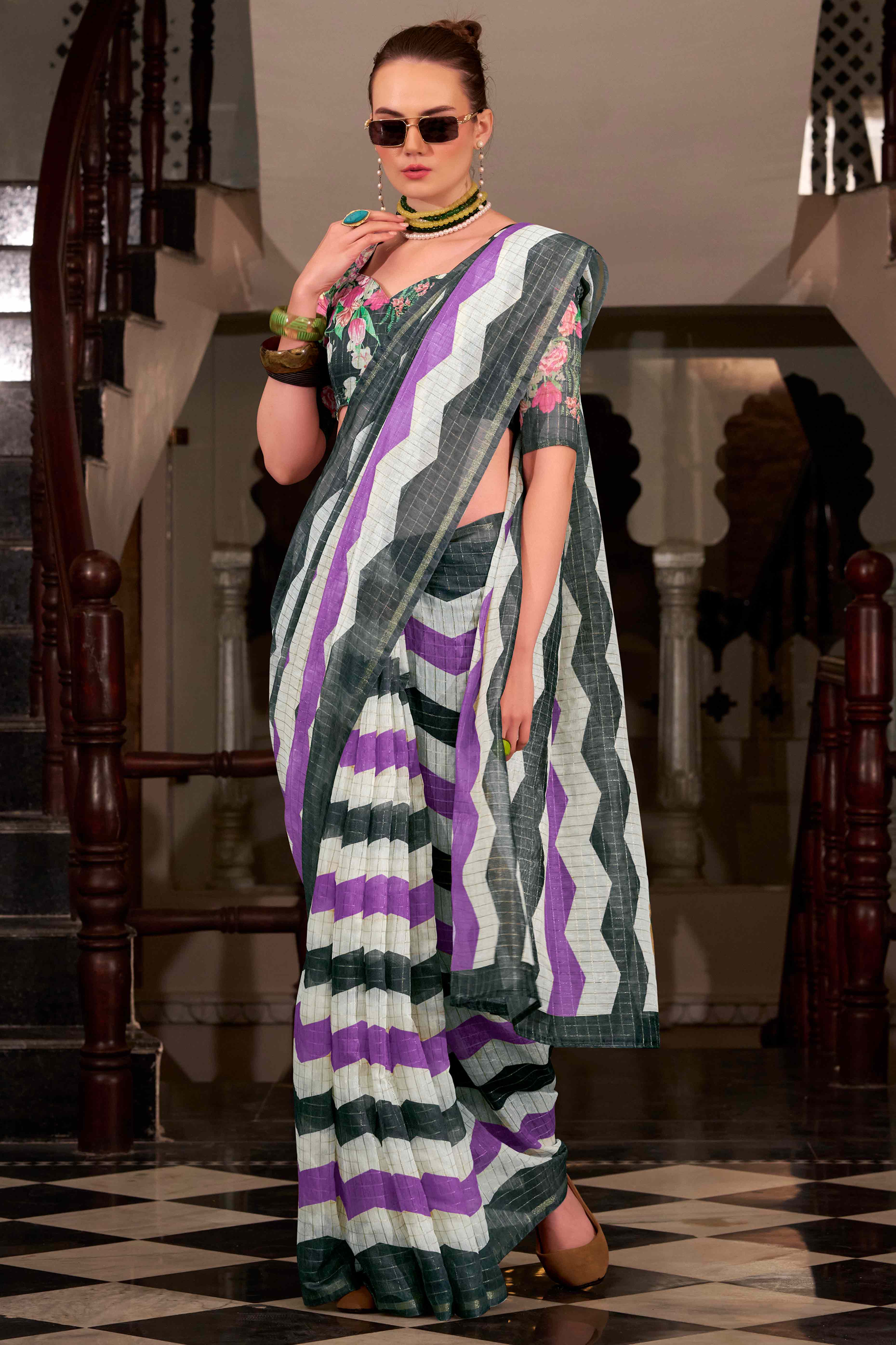 Black & Purple Woven Cotton Silk Saree With A Zig-Zag Pattern