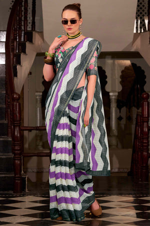 Black & Purple Woven Cotton Silk Saree With A Zig-Zag Pattern