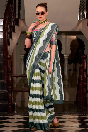 Black & Green Woven Cotton Silk Saree With A Zig-Zag Pattern