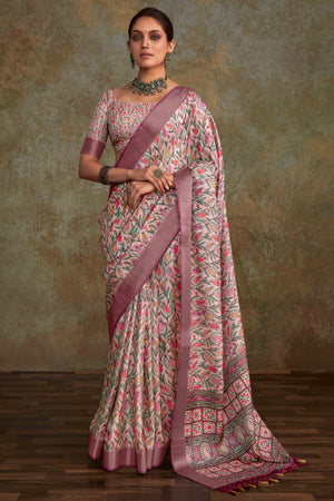 Pink Floral Printed Cotton Silk Saree