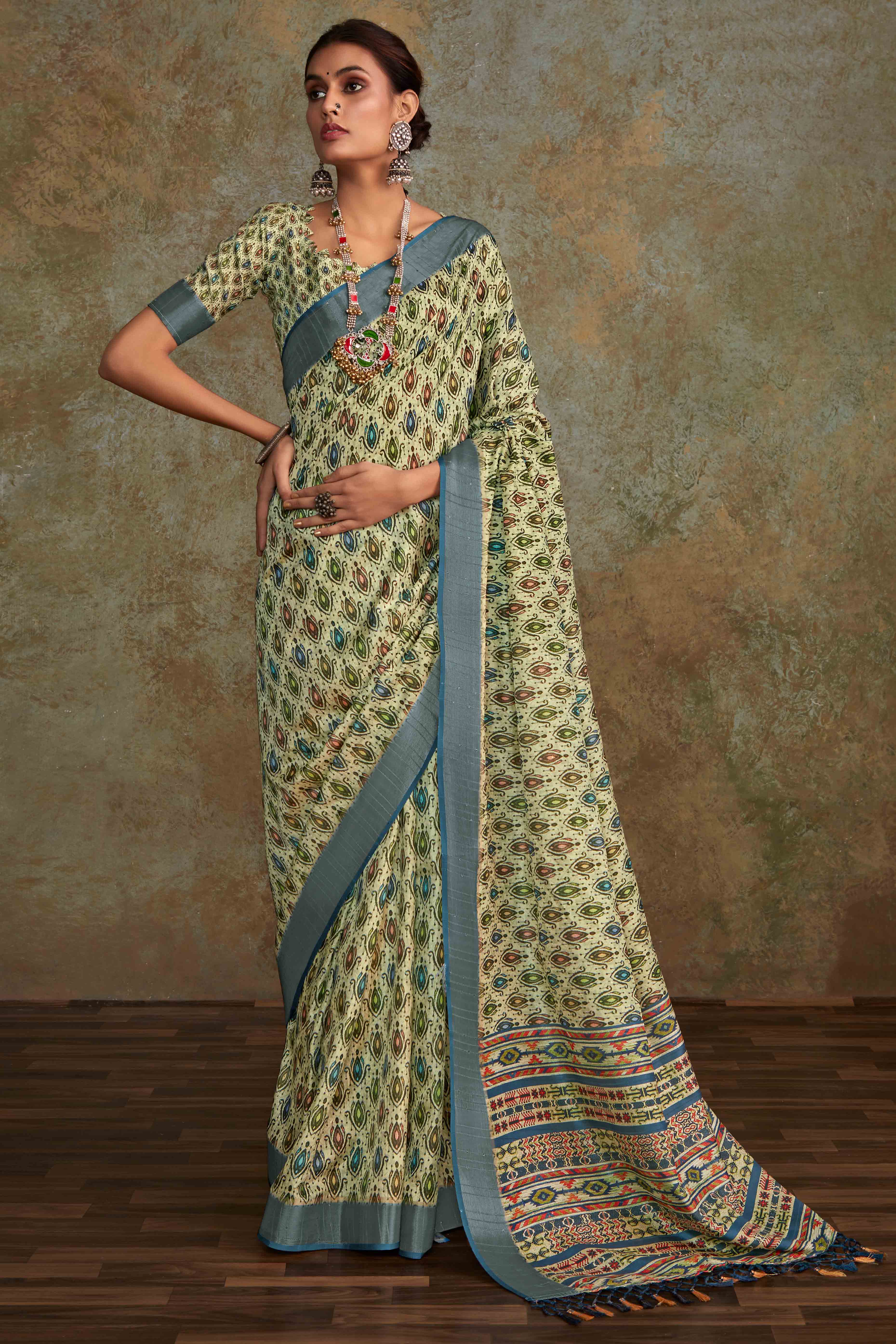 Green Floral Printed Cotton Silk Saree