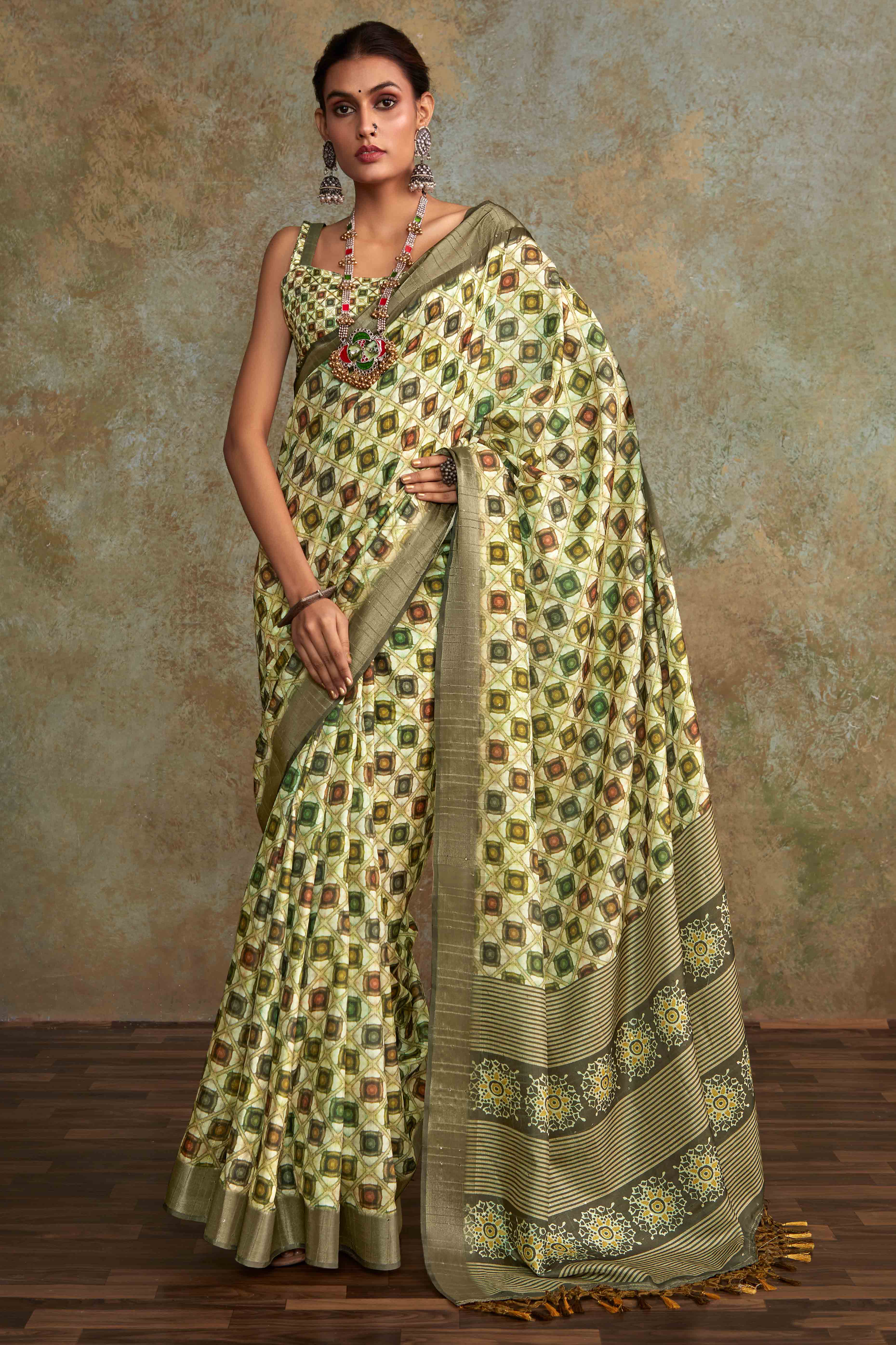Green Geometric Printed Cotton Silk Saree