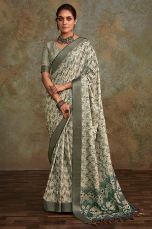 Sage Green Geometric Printed Cotton Silk Saree