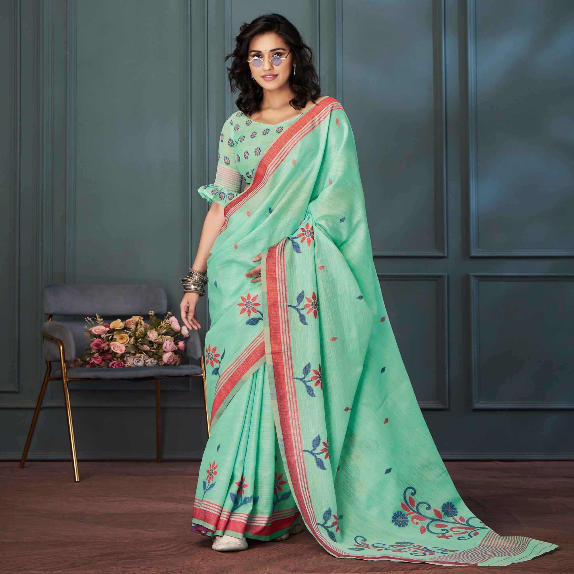 Green Floral Woven linen Saree