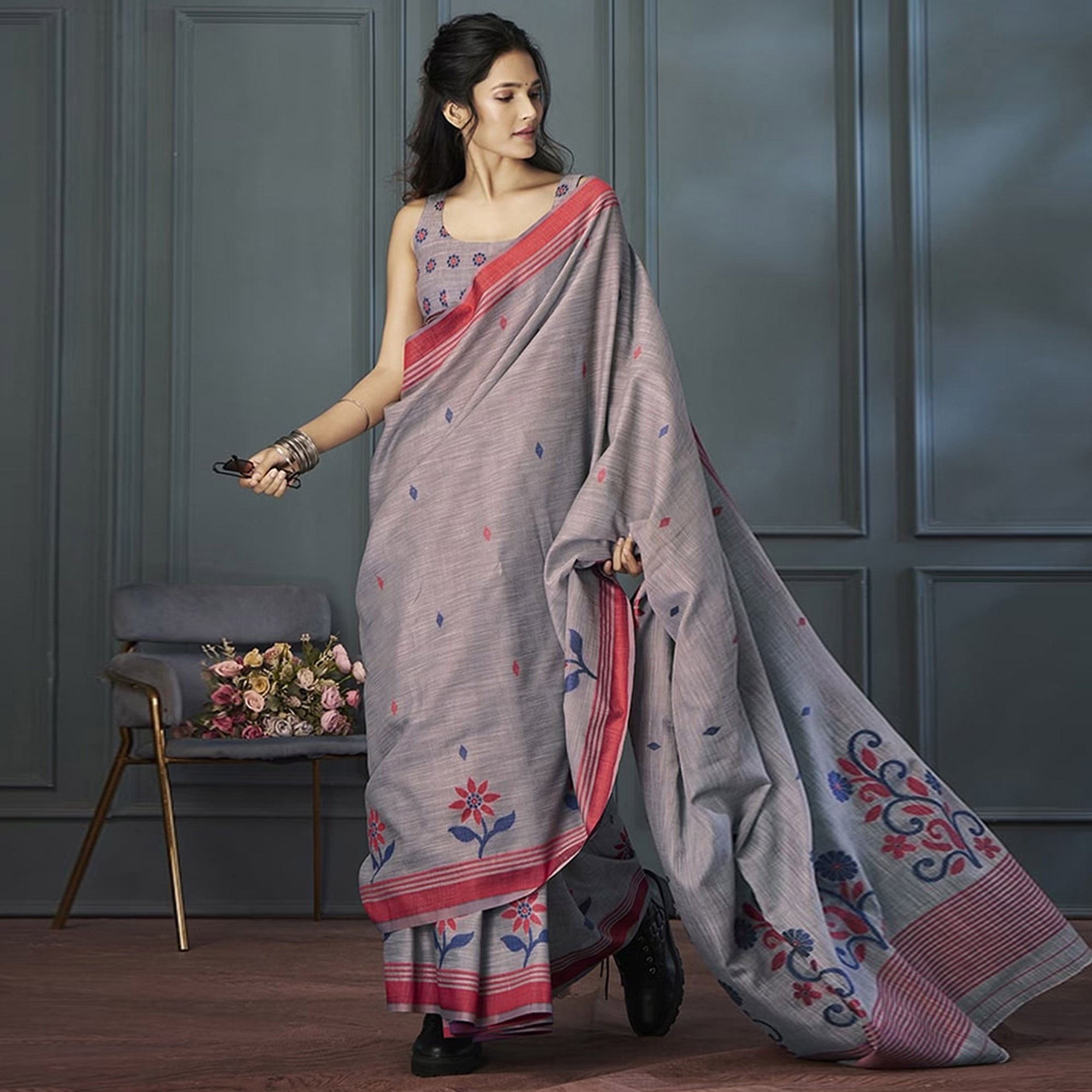 Grey Floral Woven linen Saree