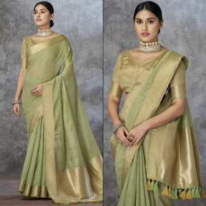 Green Woven Cotton Silk Saree With Tassels