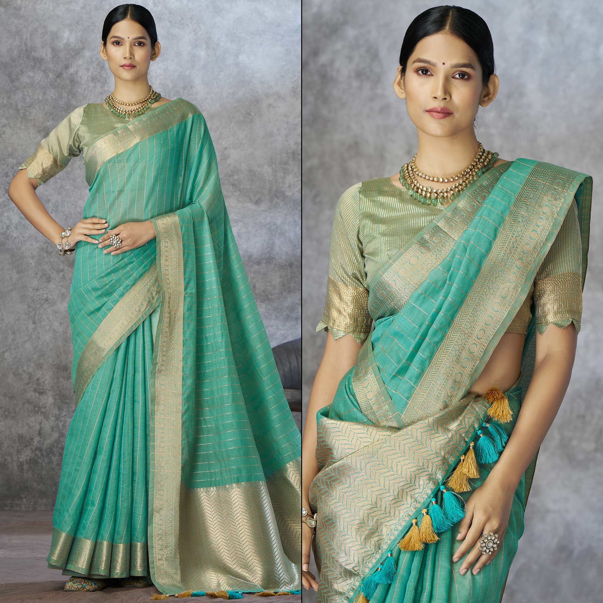 Turquoise Woven Cotton Silk Saree With Tassels