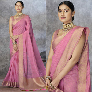 Pink Woven Cotton Silk Saree With Tassels