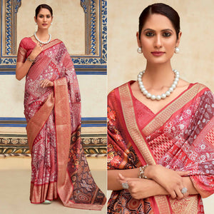 Gajri Pink Printed Dola Silk Saree