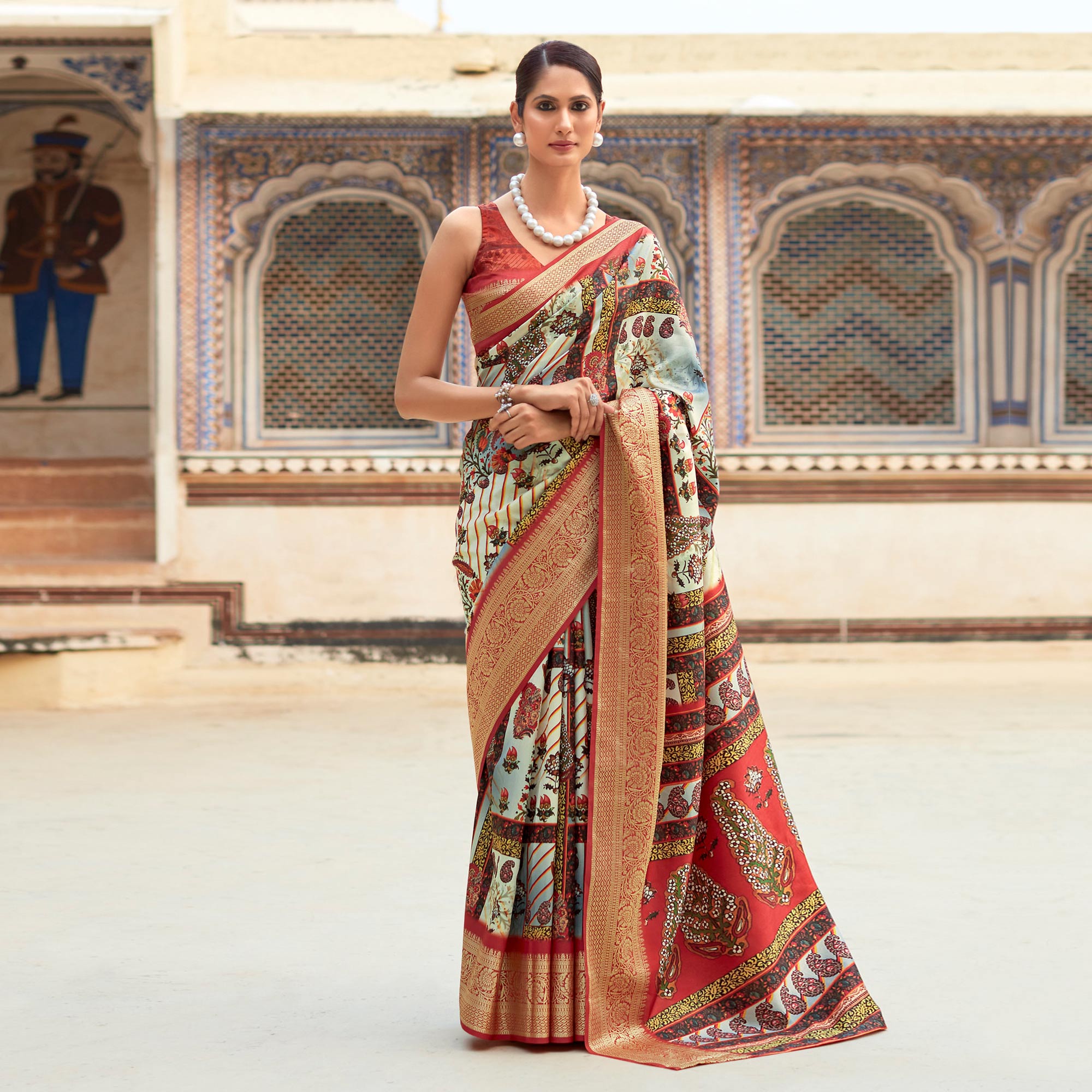 Beige & Red Printed Dola Silk Saree