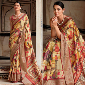 Yellow & Red Printed Dola Silk Saree