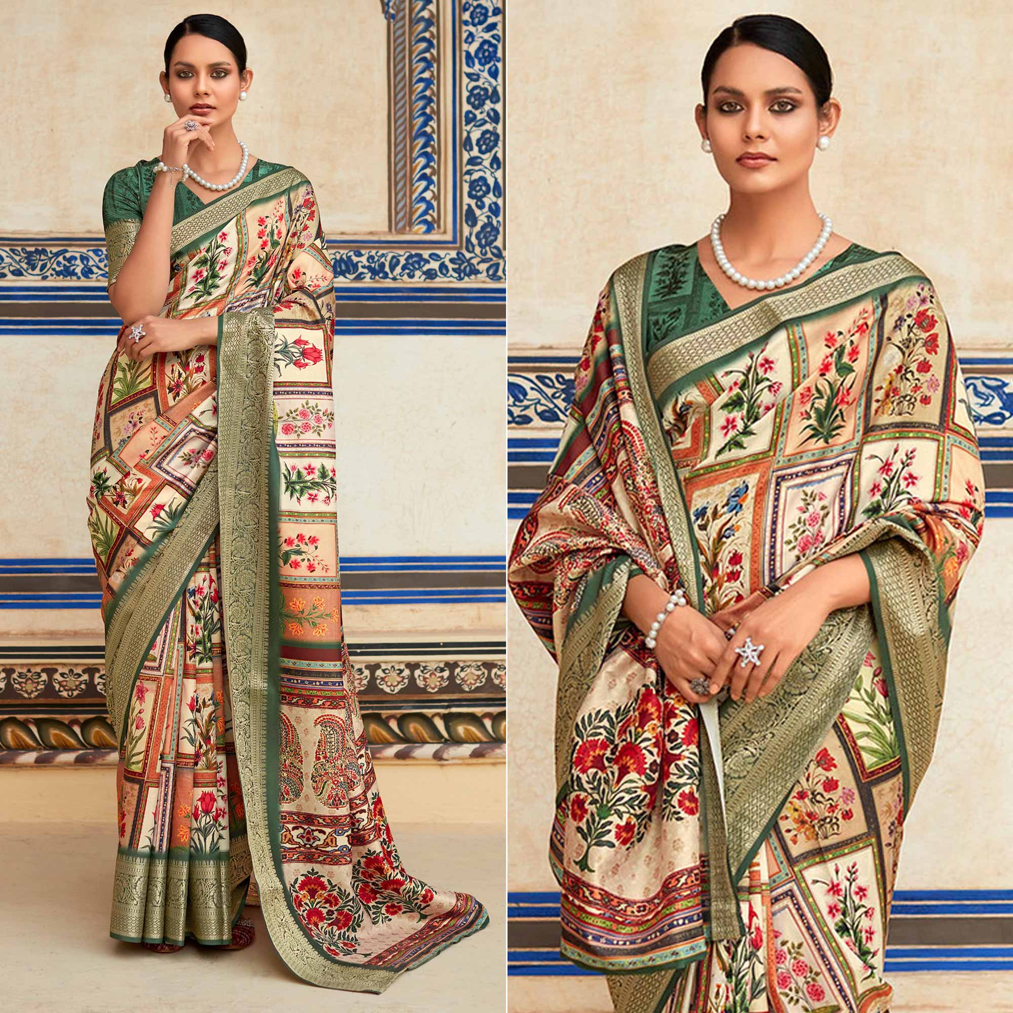 Beige & Green Printed Dola Silk Saree