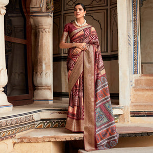 Light Maroon Printed Dola Silk Saree