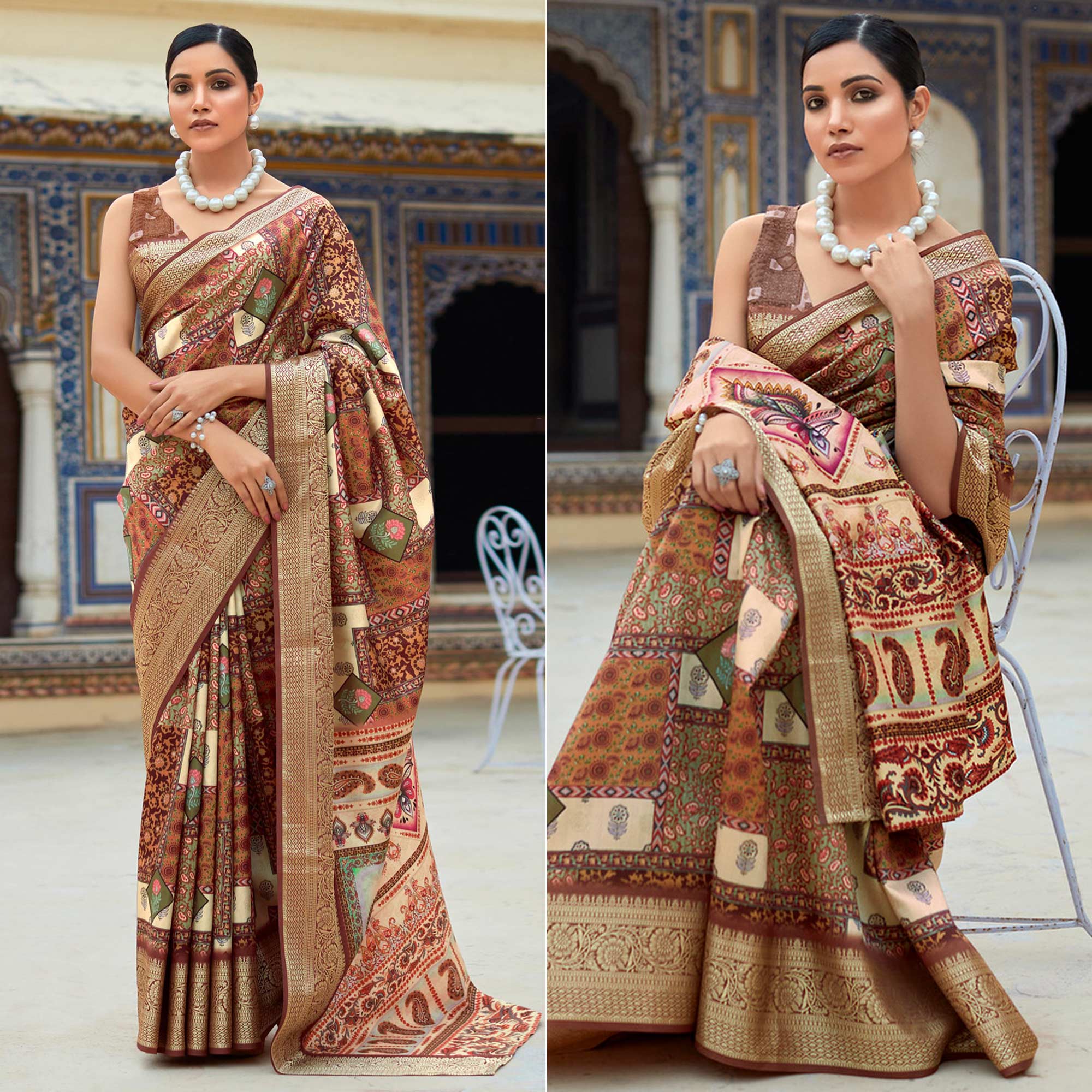 Brown Printed Dola Silk Saree