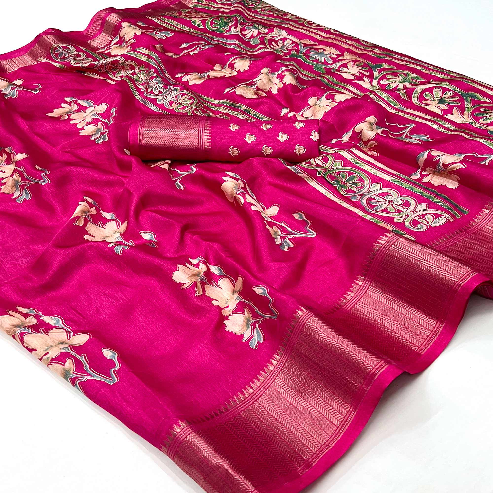 Pink Floral Foil Printed Dola Silk Saree With Jacquard Border