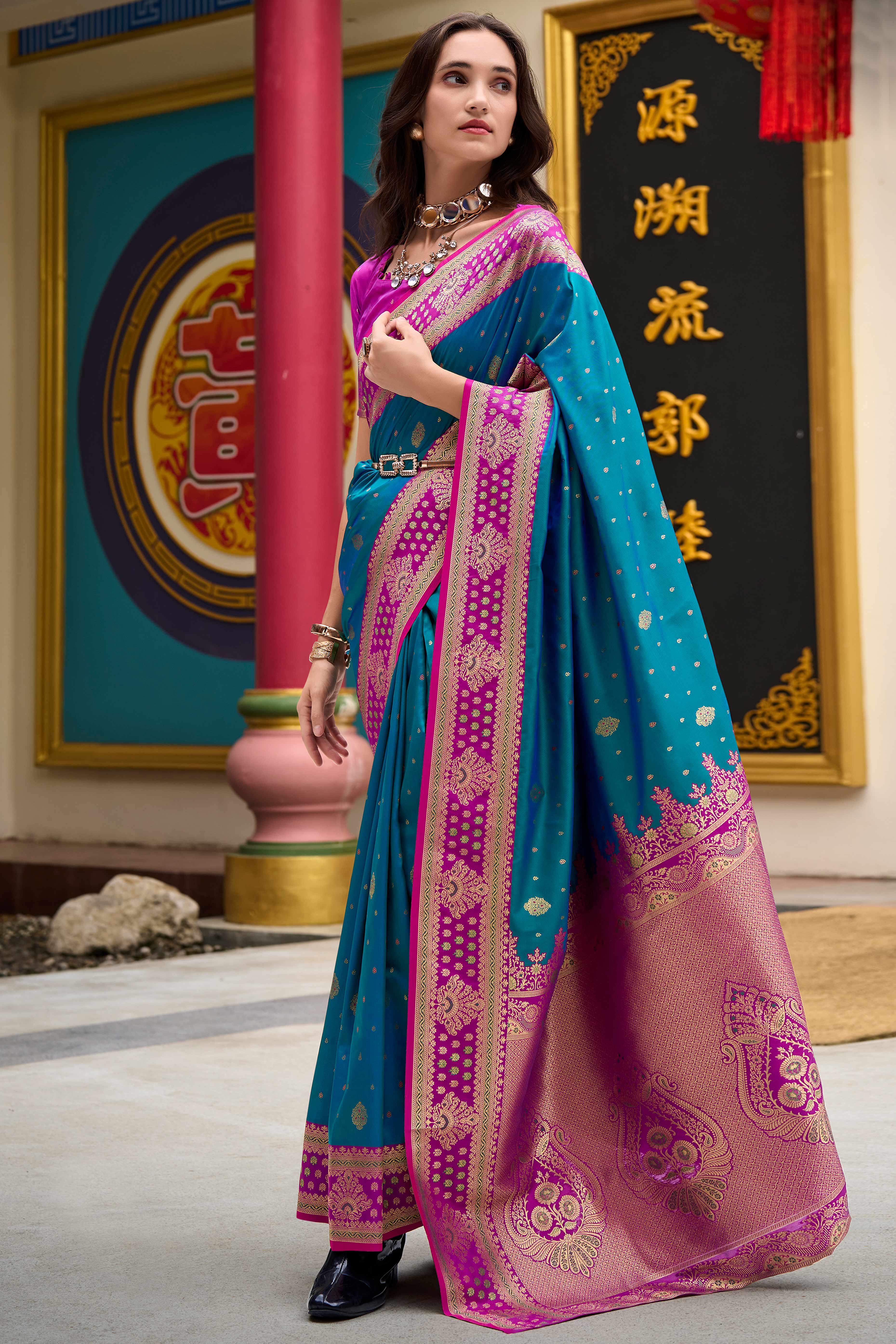 Pure Soft Banarasi Silk Saree in Peacock Teal Hue with Timeless Zari Butti Patterns