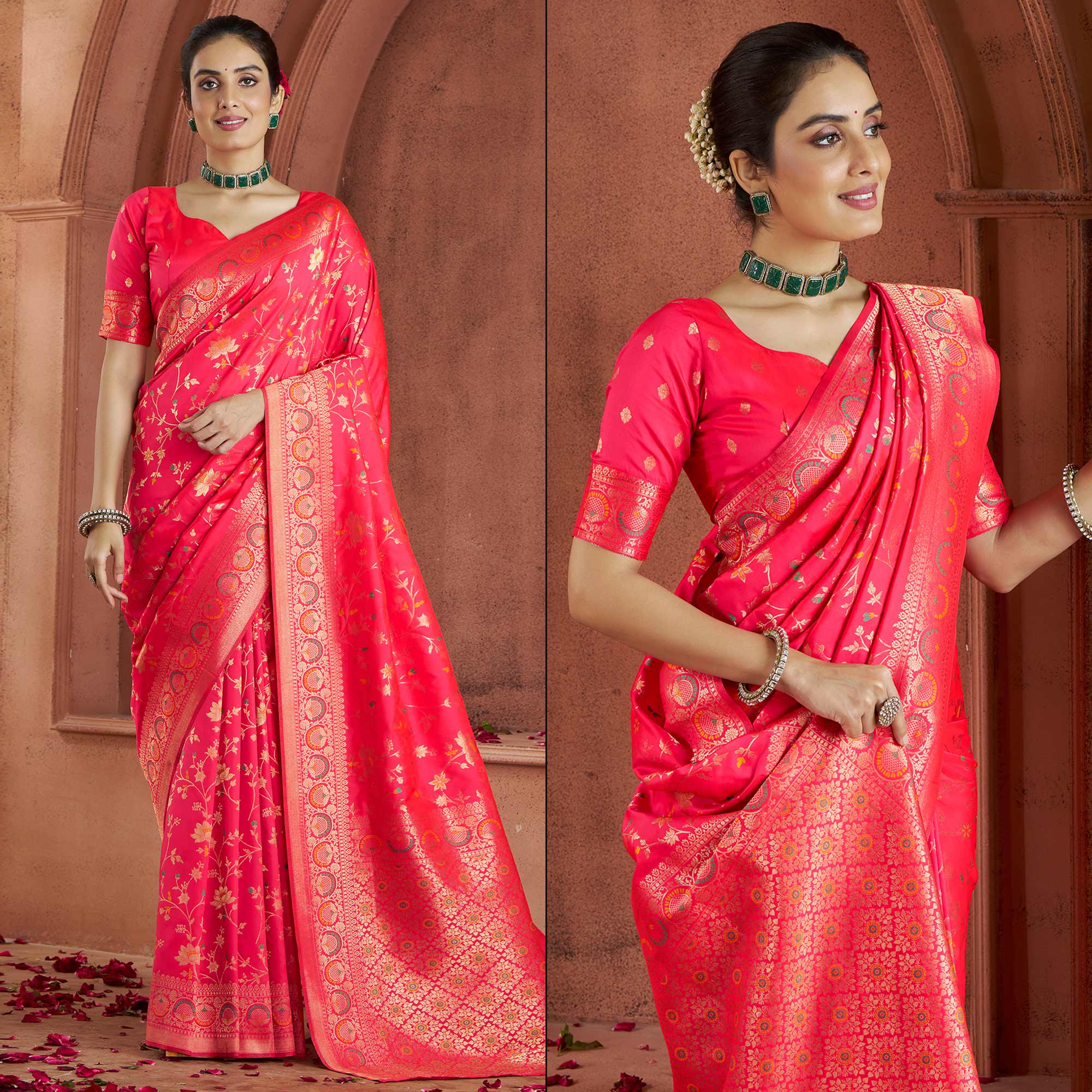 Gajri Pink Floral Woven Pure Banarasi Silk Saree