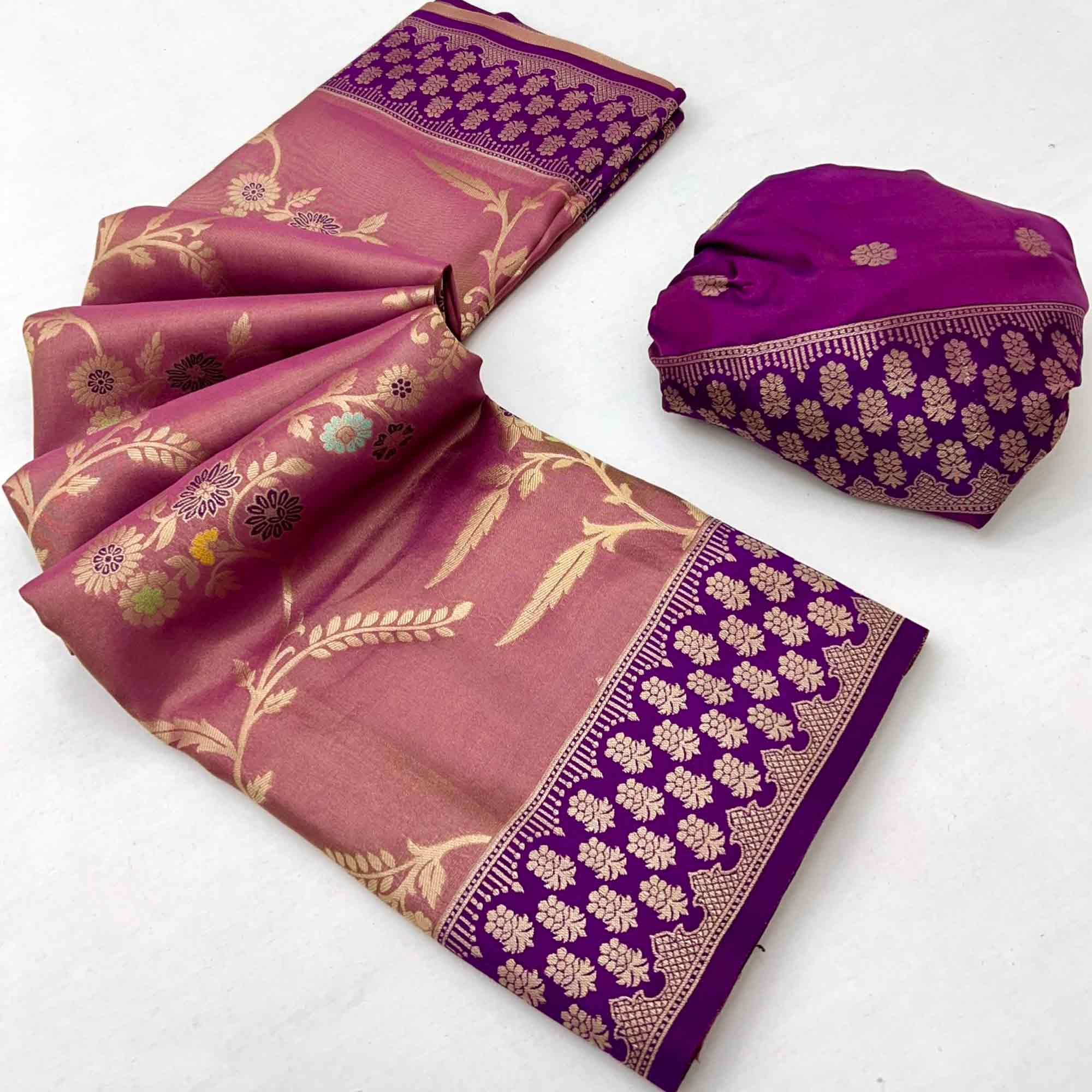 Mauve Tissue Dharmavaram Silk Saree Adorned with Fine Traditional Minakari Weaving