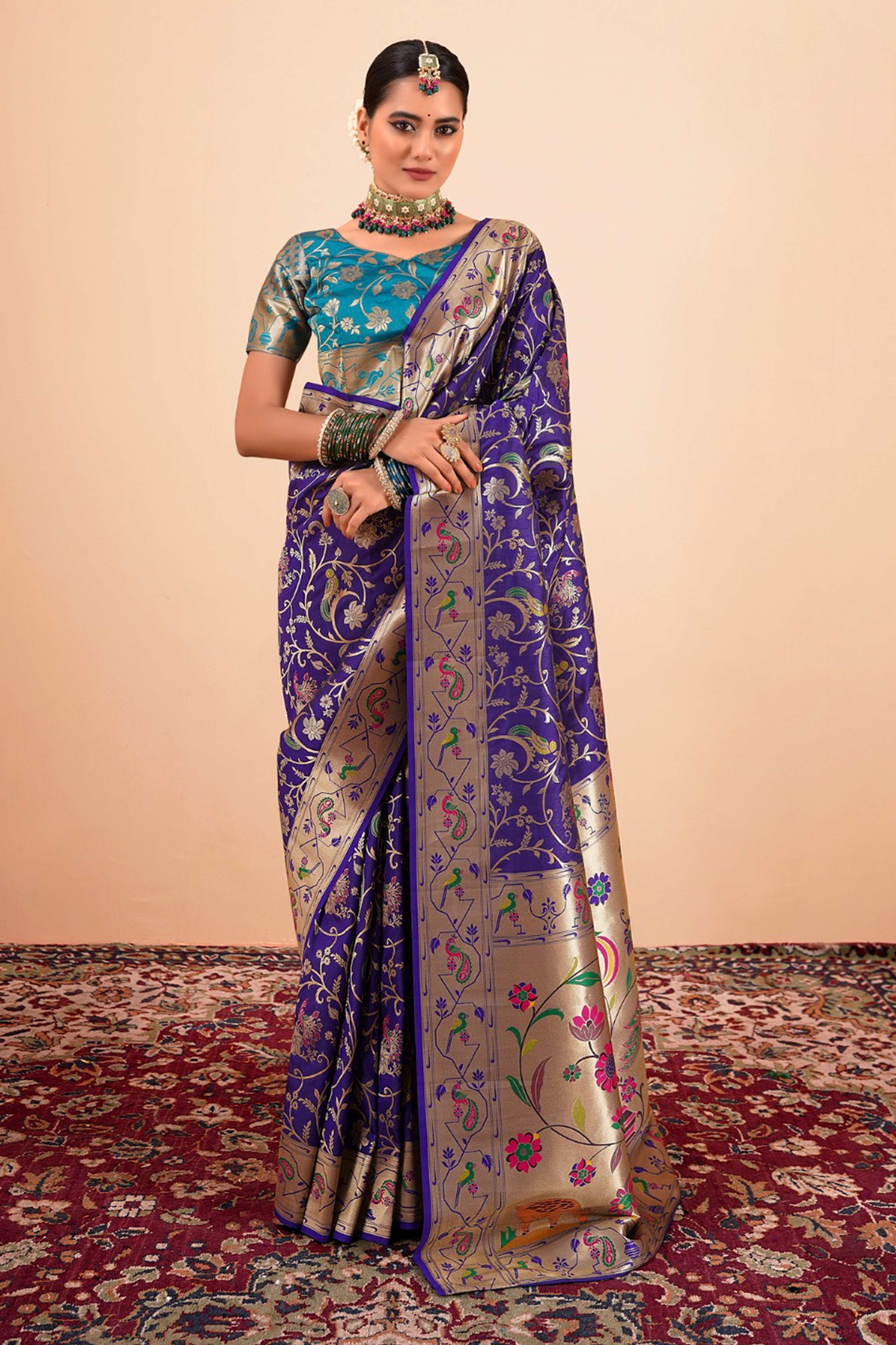 Bluish Purple Floral Zari Weaving Pure Silk Paithani Saree
