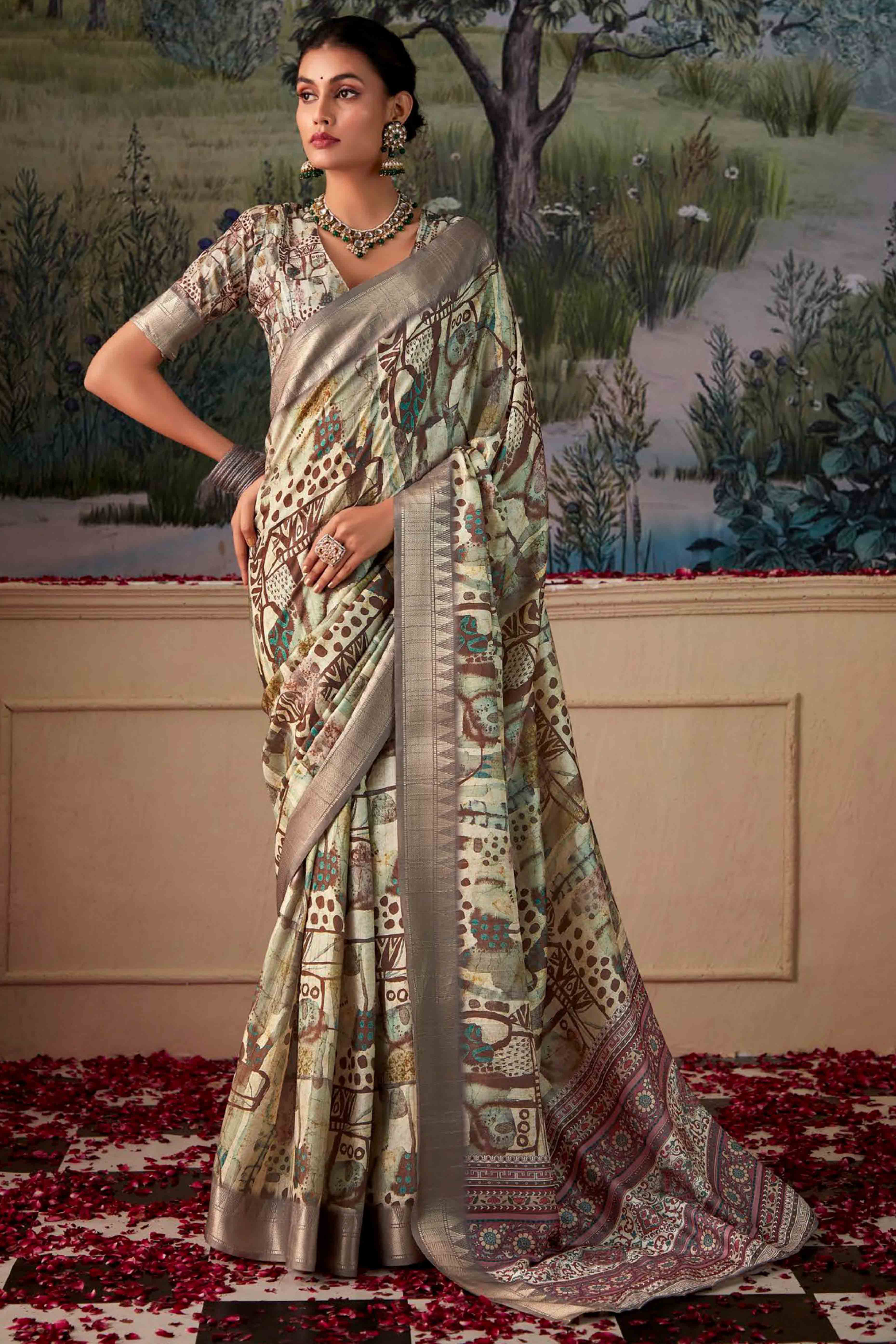 Trendy Digital Printed Silk Blend Saree in Muted Green