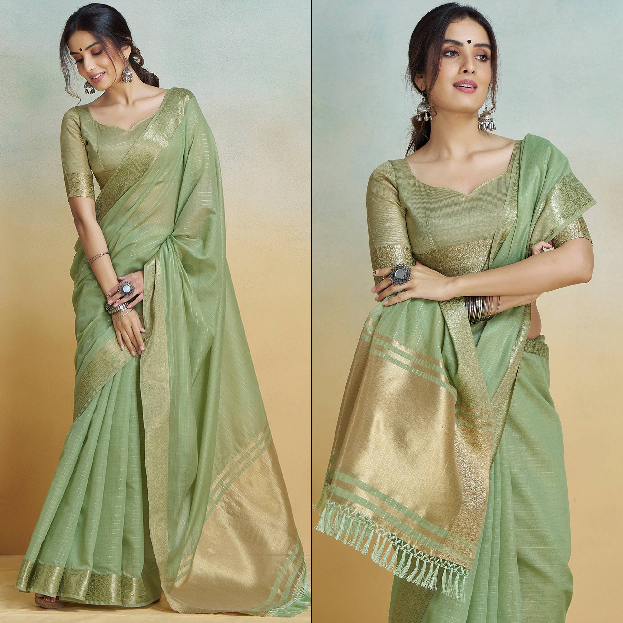 Green Woven Cotton Silk Saree With Tassels