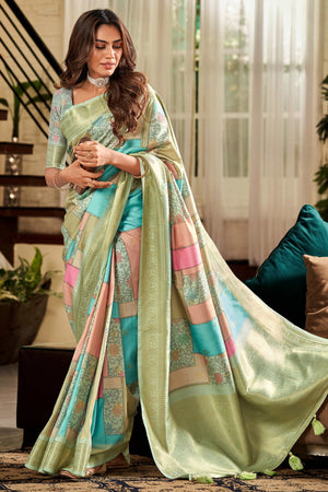 Green Pure Silk Floral Print With Weaving On Border