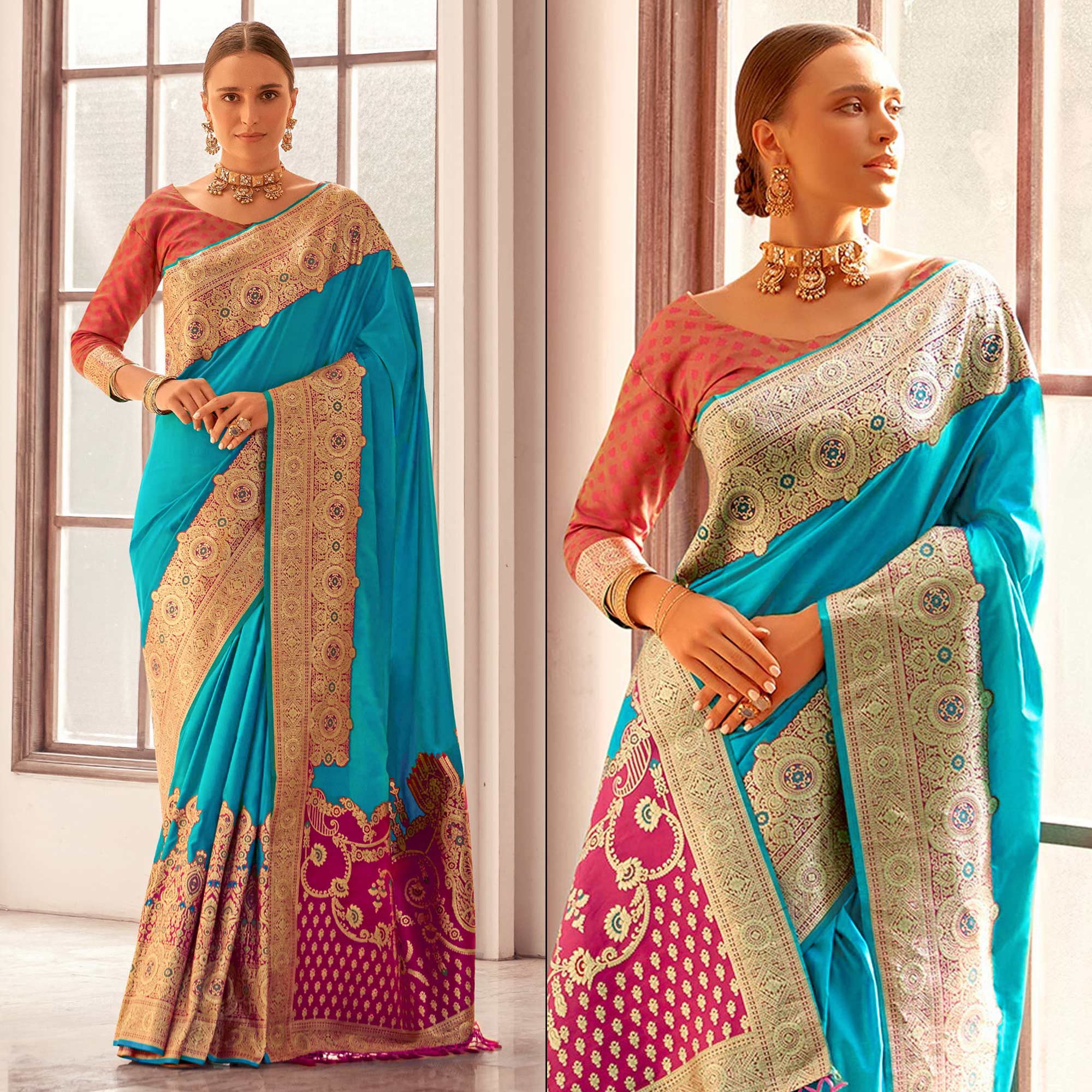 Blue Floral Woven Banarasi Silk Saree With Tassels