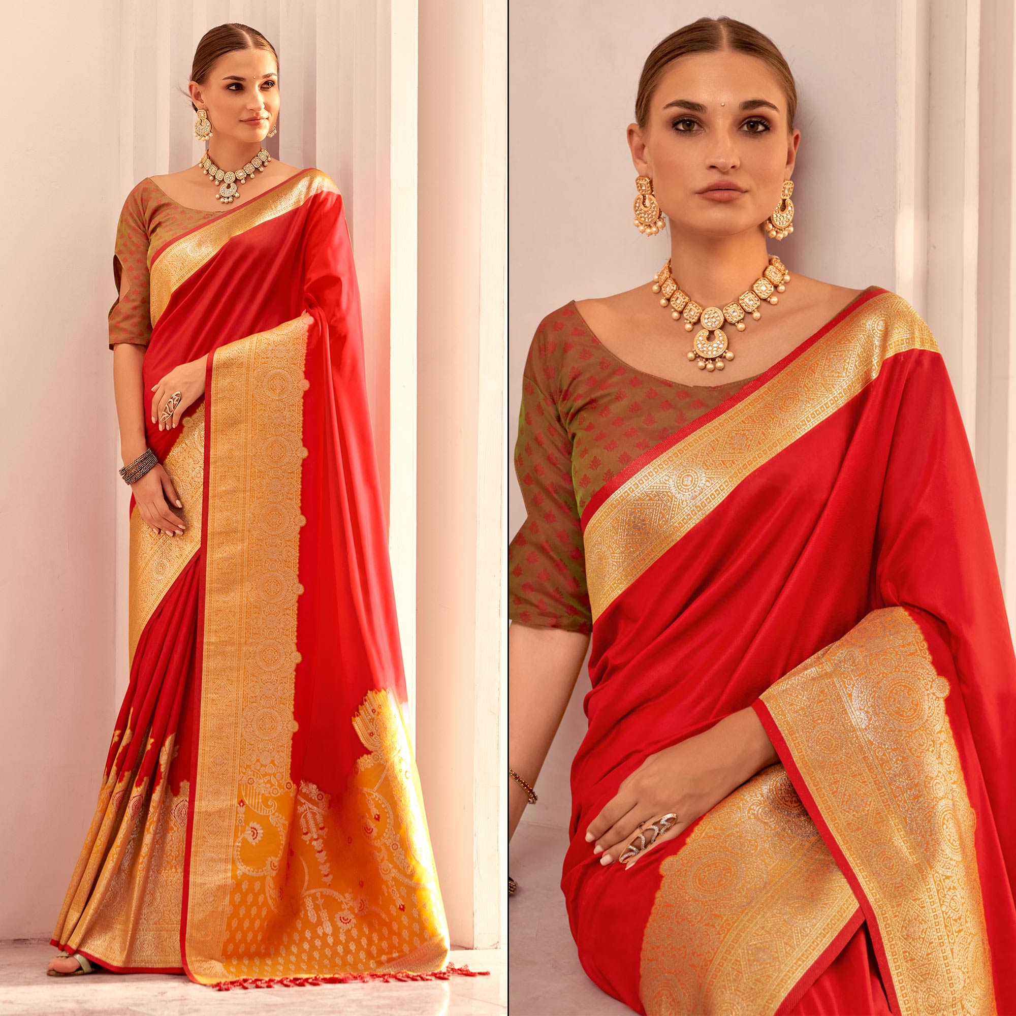 Red Floral Woven Banarasi Silk Saree With Tassels