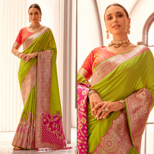 Green Floral Woven Banarasi Silk Saree With Tassels