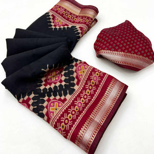 Black Patola Print Mulmul Cotton Saree with Shimmering Zari Trim