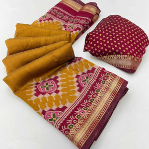 Mustard Patola Print Mulmul Cotton Saree with Shimmering Zari Trim