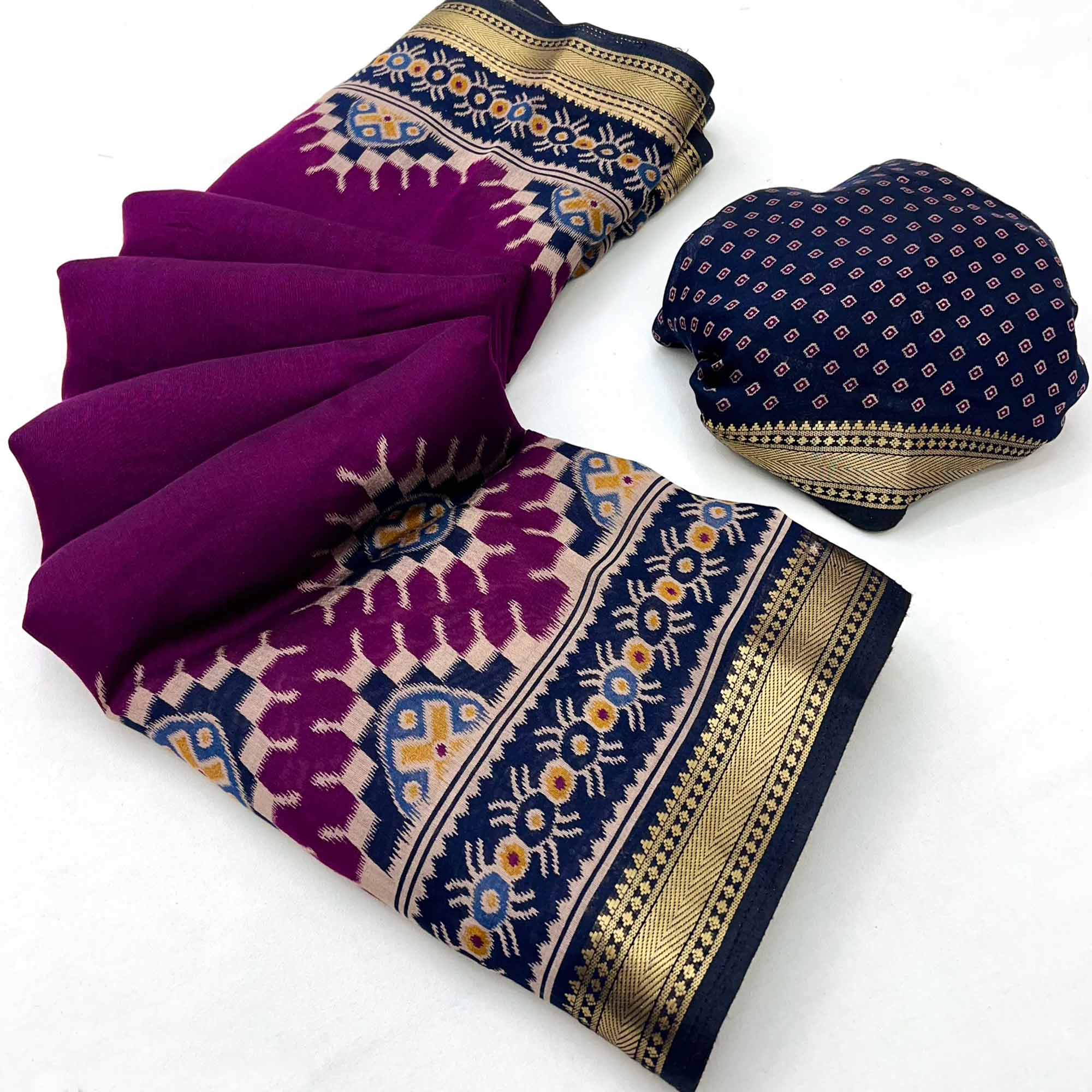 Dark Purple Patola Print Mulmul Cotton Saree with Shimmering Zari Trim