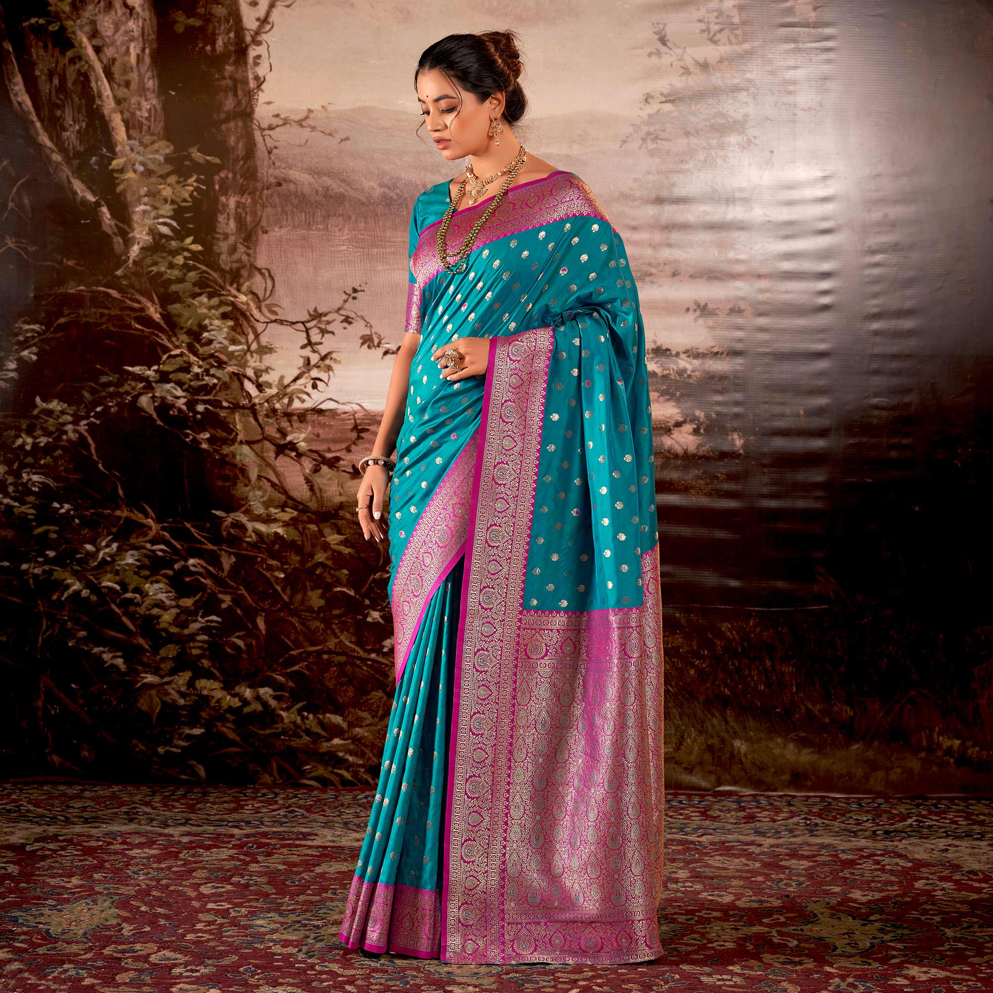 Rama Blue Woven Butti Work Banarasi Silk Saree