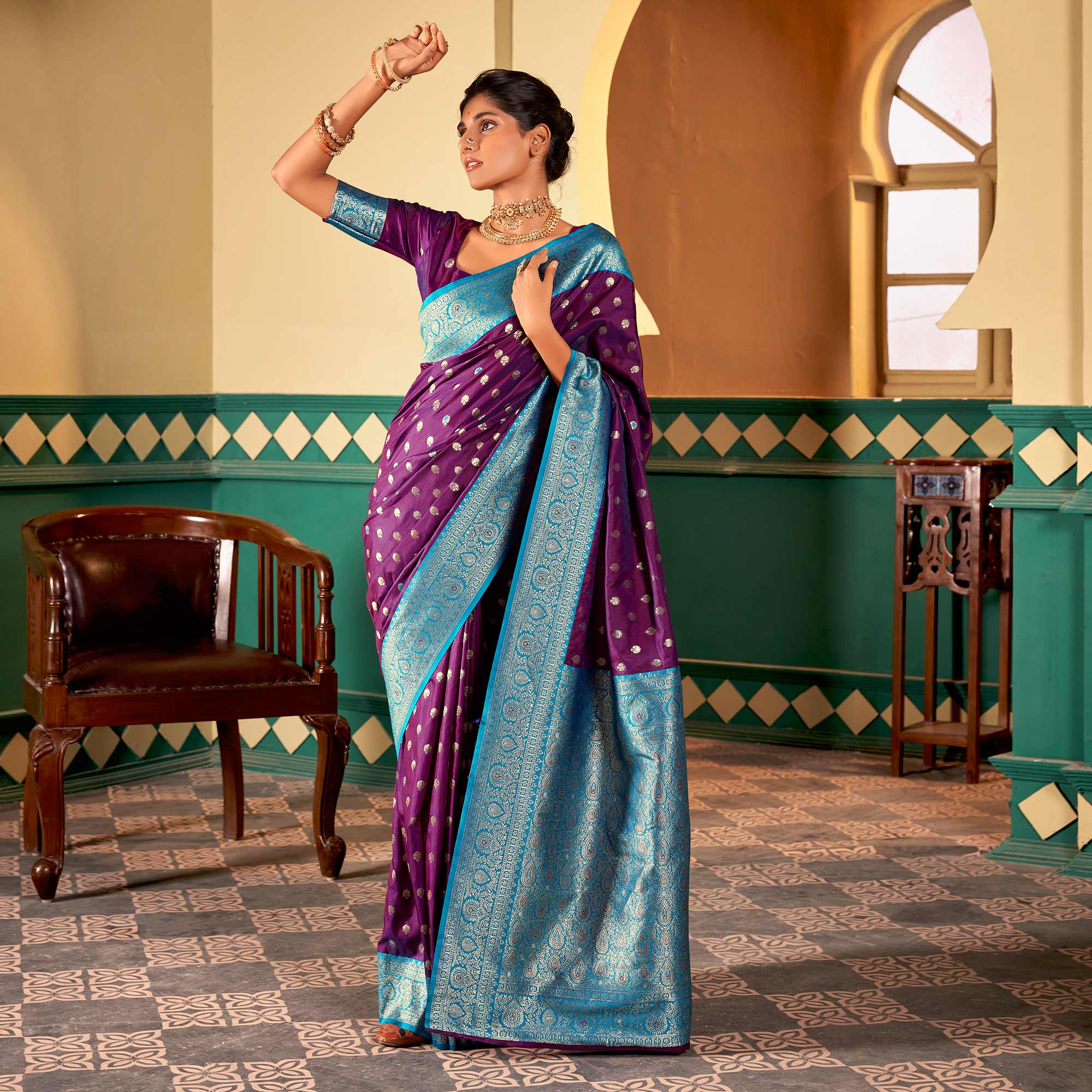 Purple Woven Butti Work Banarasi Silk Saree