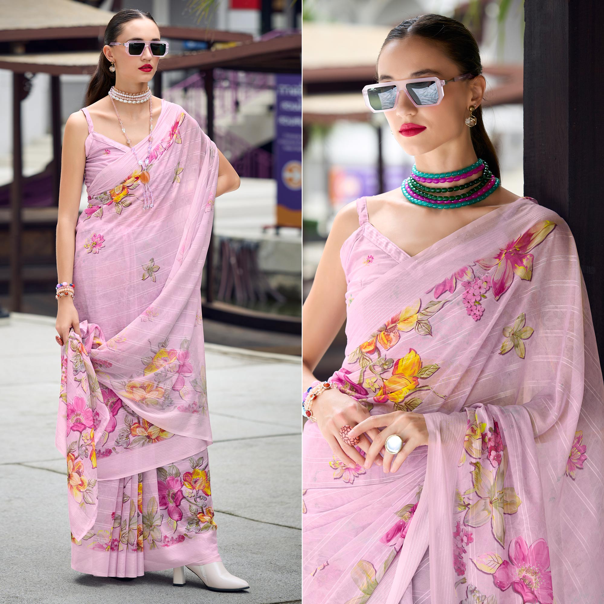 Light Pink Floral Digital Printed Georgette Saree