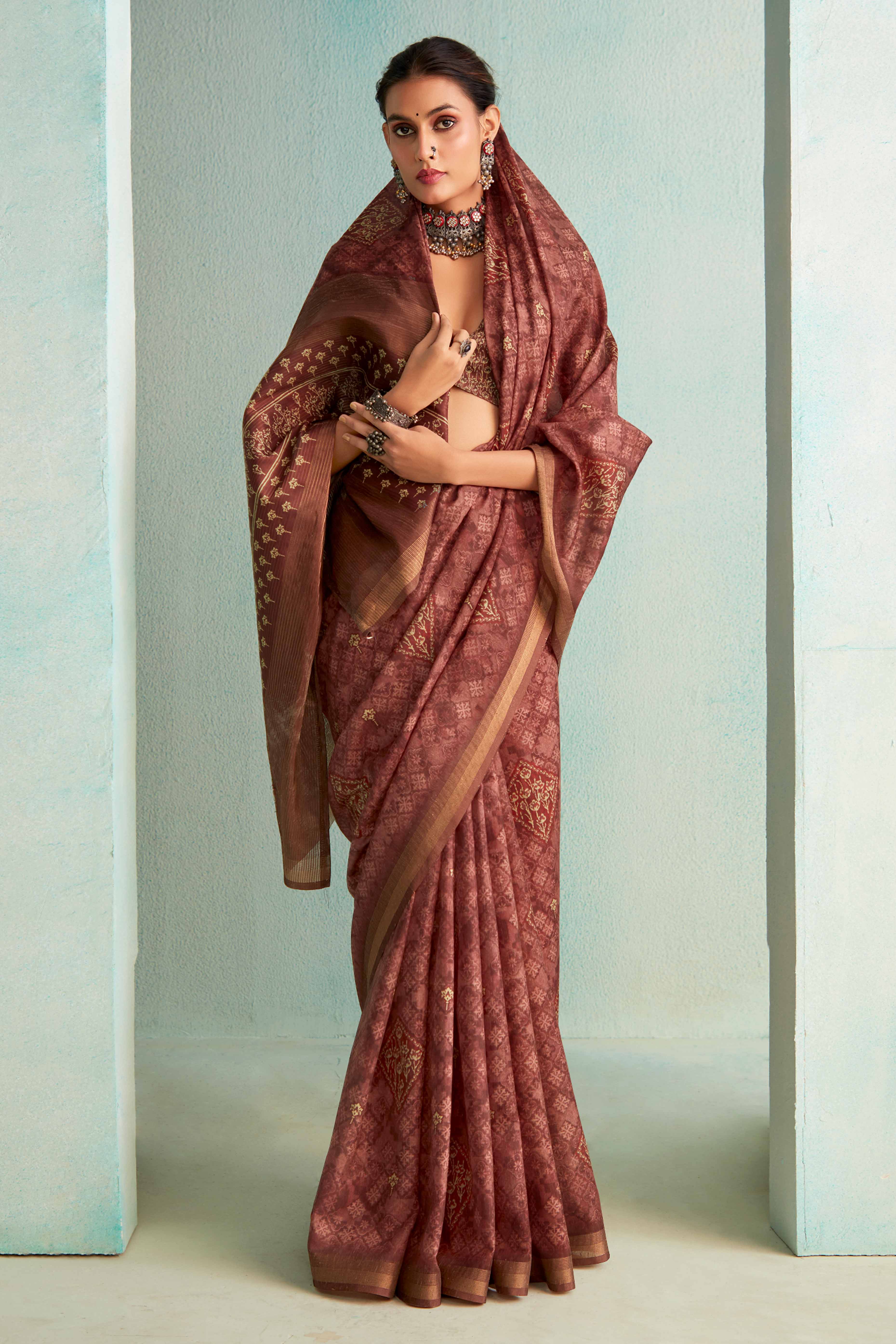Designer Brown Handloom Saree with Digital Print on Silk Blend Fabric