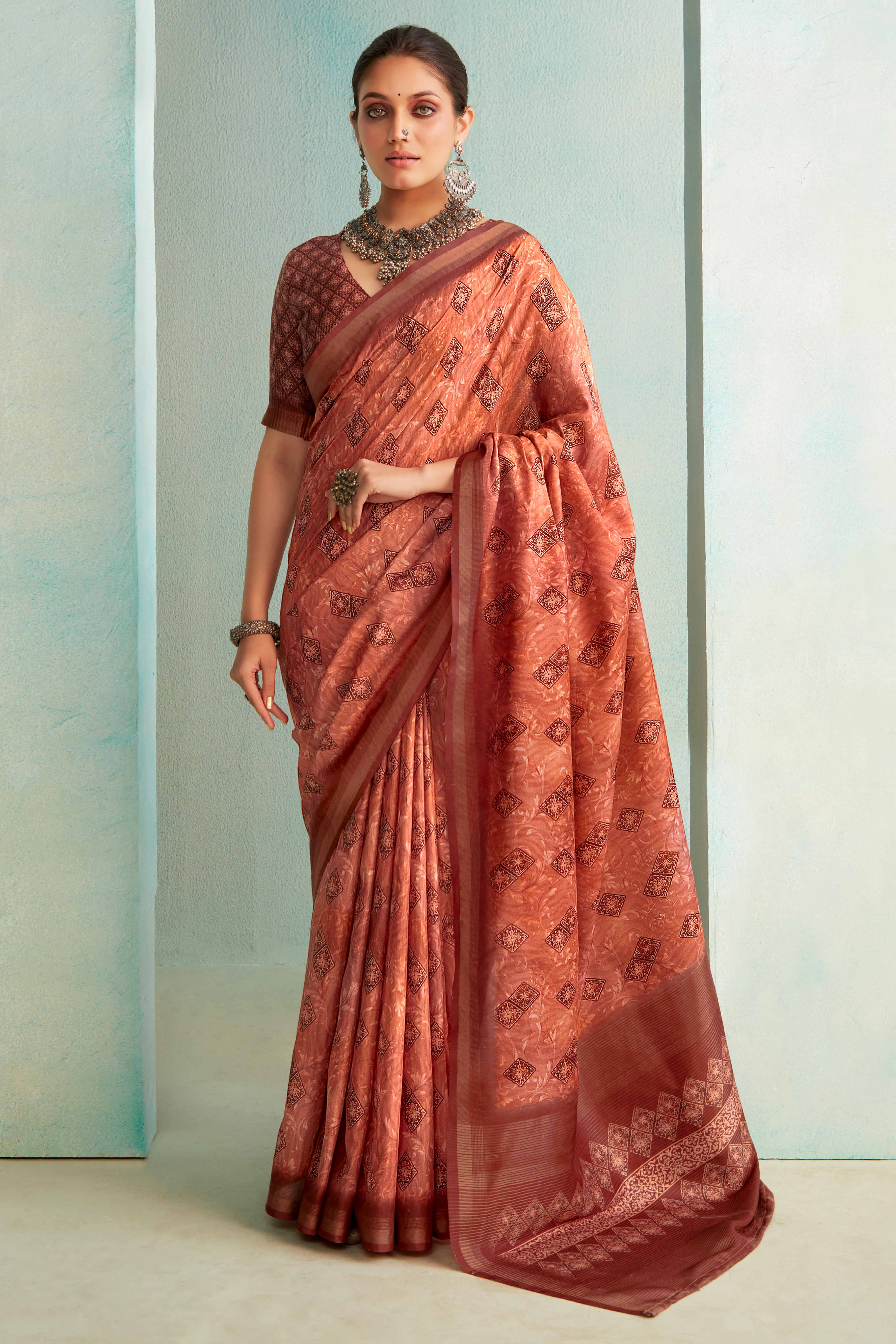 Designer Rust Handloom Saree with Digital Print on Silk Blend Fabric