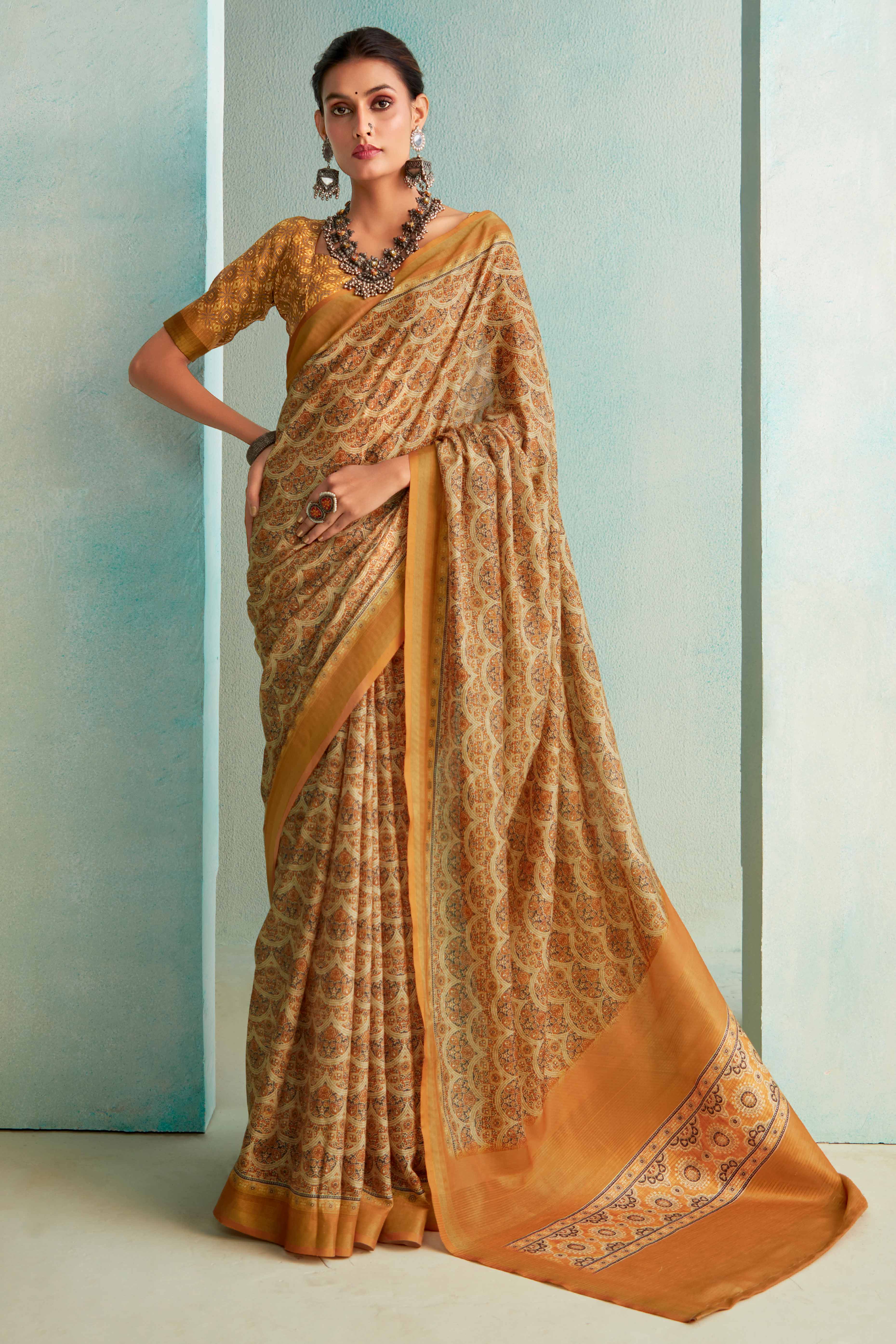 Designer Mustard Handloom Saree with Digital Print on Silk Blend Fabric