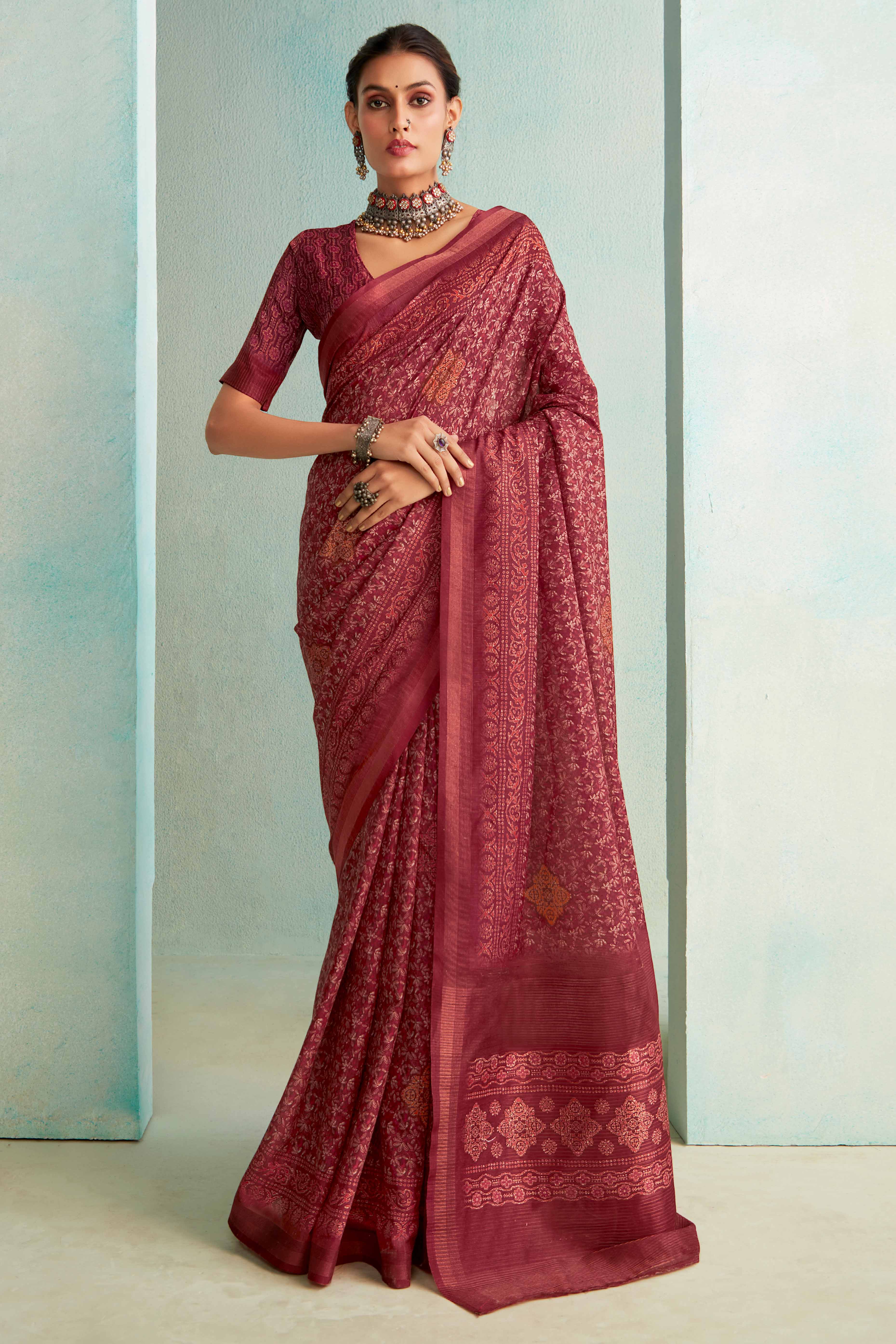 Designer Mauve Handloom Saree with Digital Print on Silk Blend Fabric