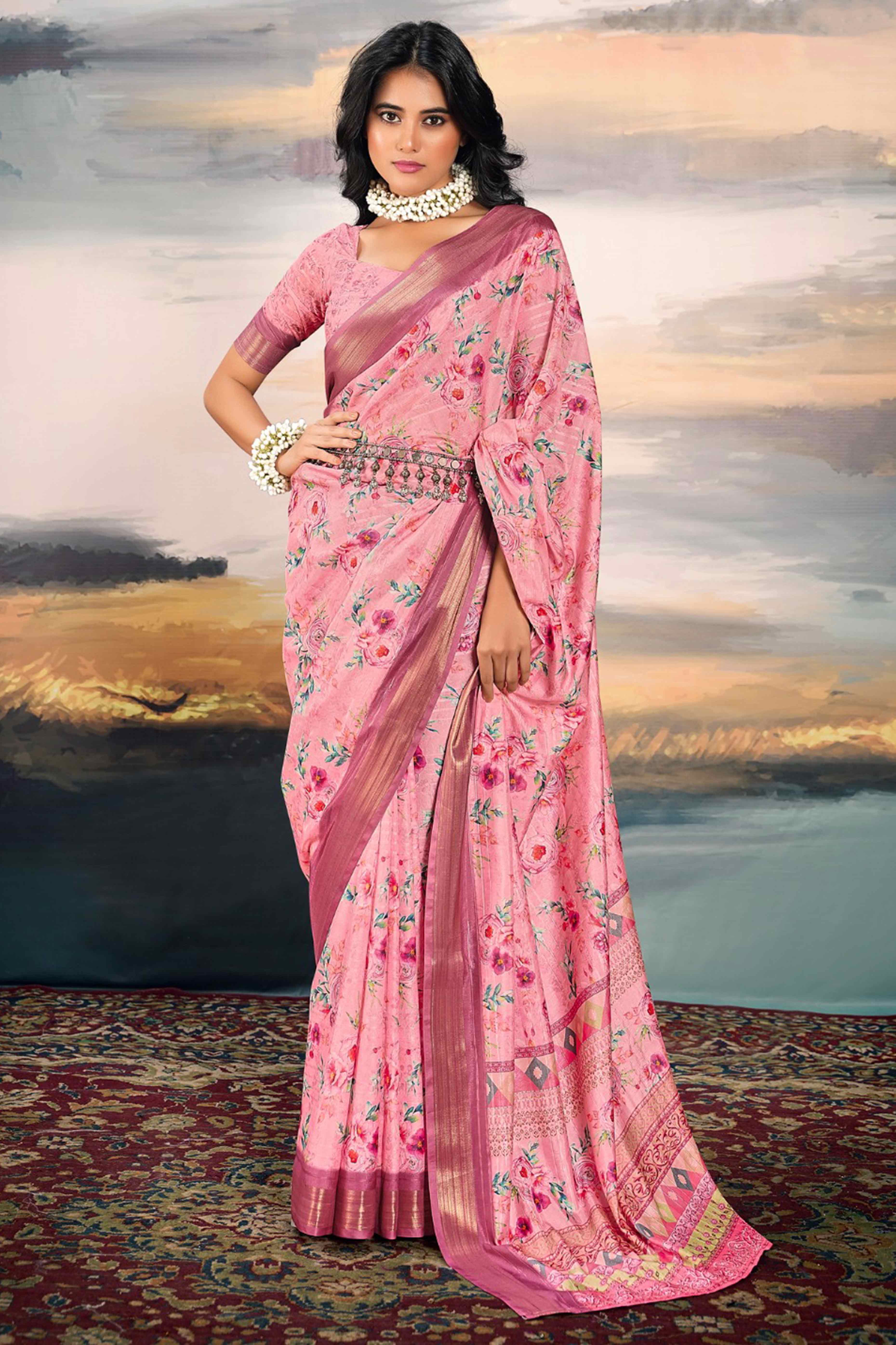 Pink Digital Printed Saree in Soft Cotton Silk Fabric