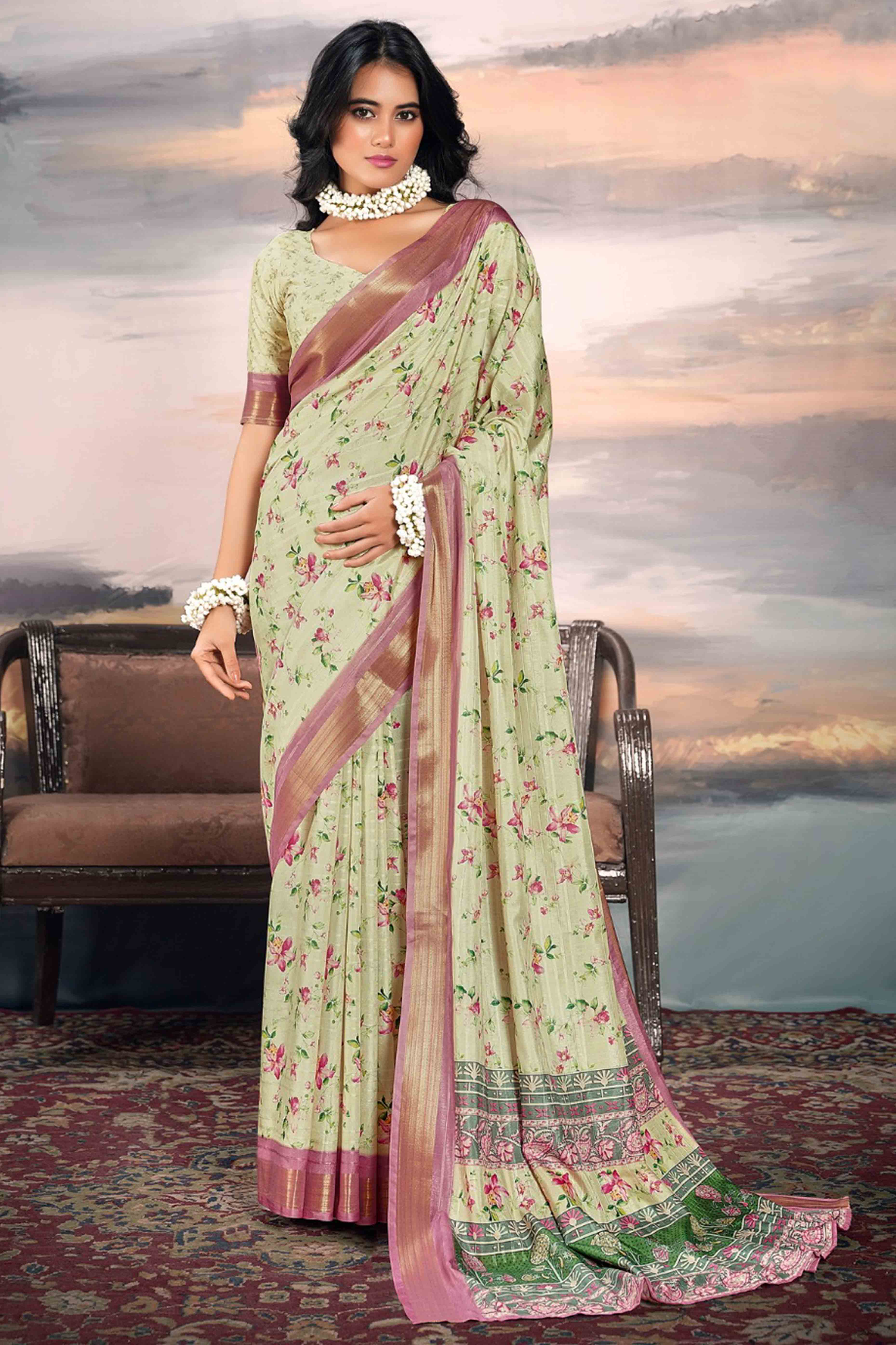 Pastle Green Digital Printed Saree in Soft Cotton Silk Fabric