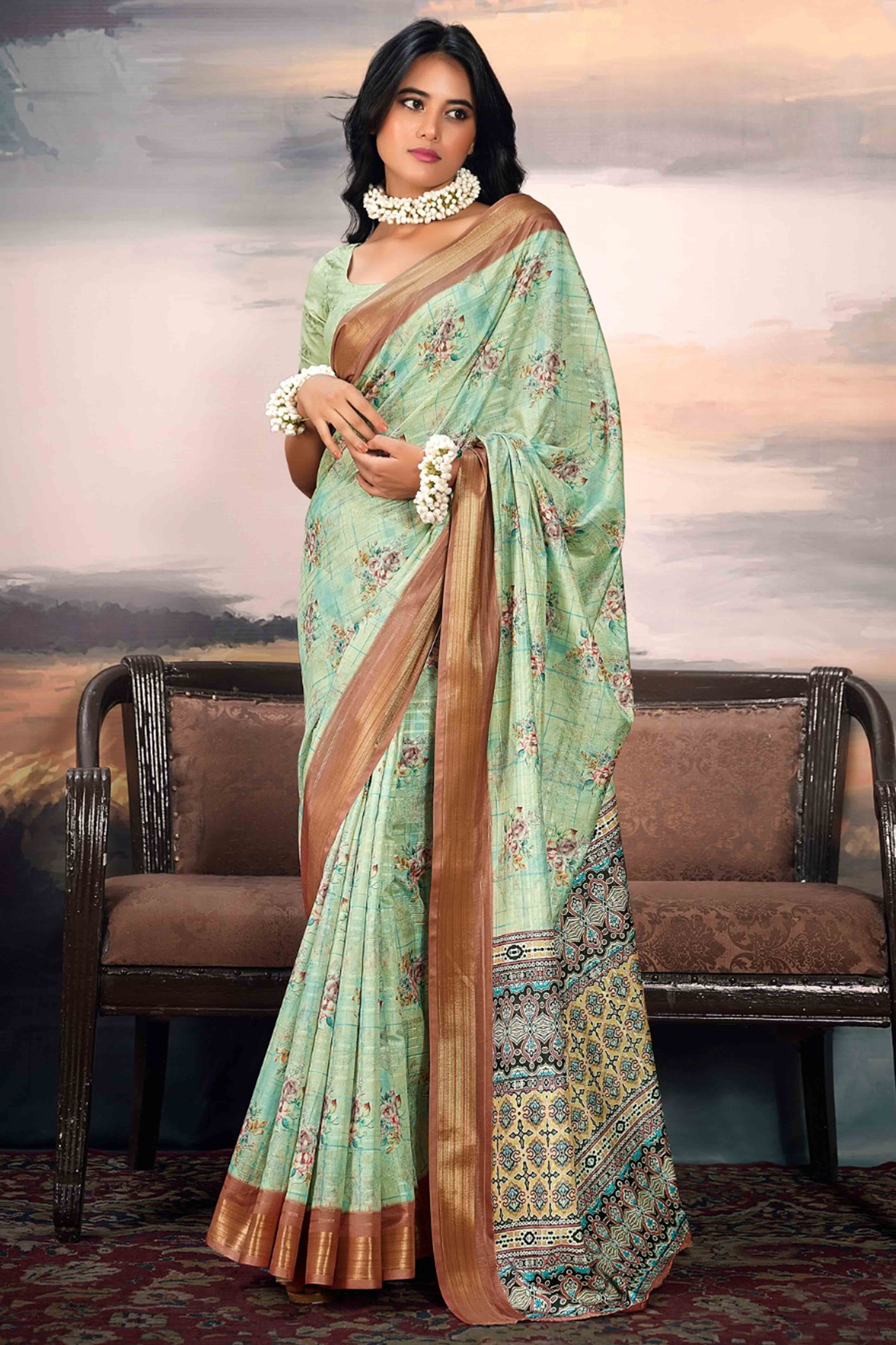 Sea Green Digital Printed Saree in Soft Cotton Silk Fabric