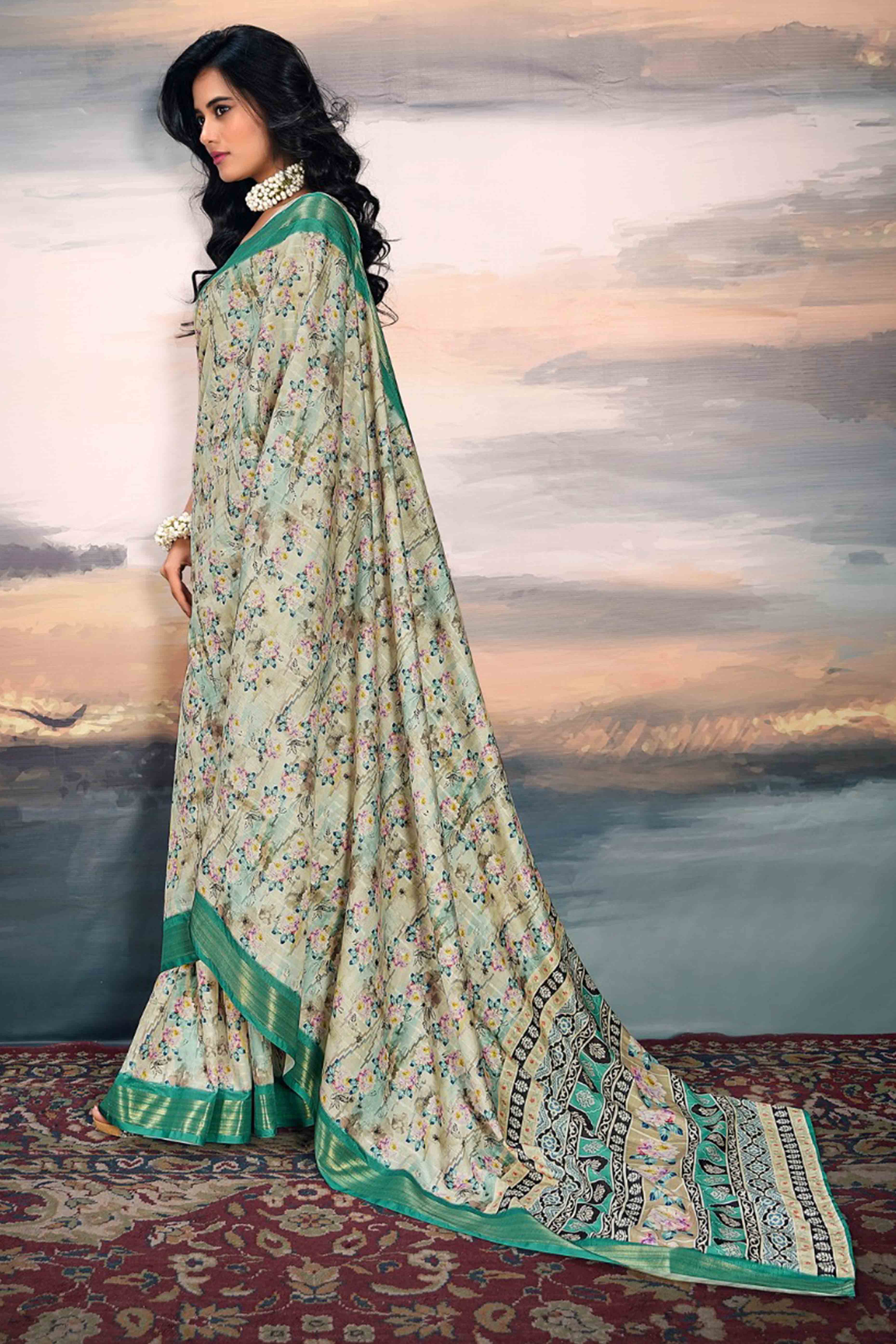 Light Green Digital Printed Saree in Soft Cotton Silk Fabric
