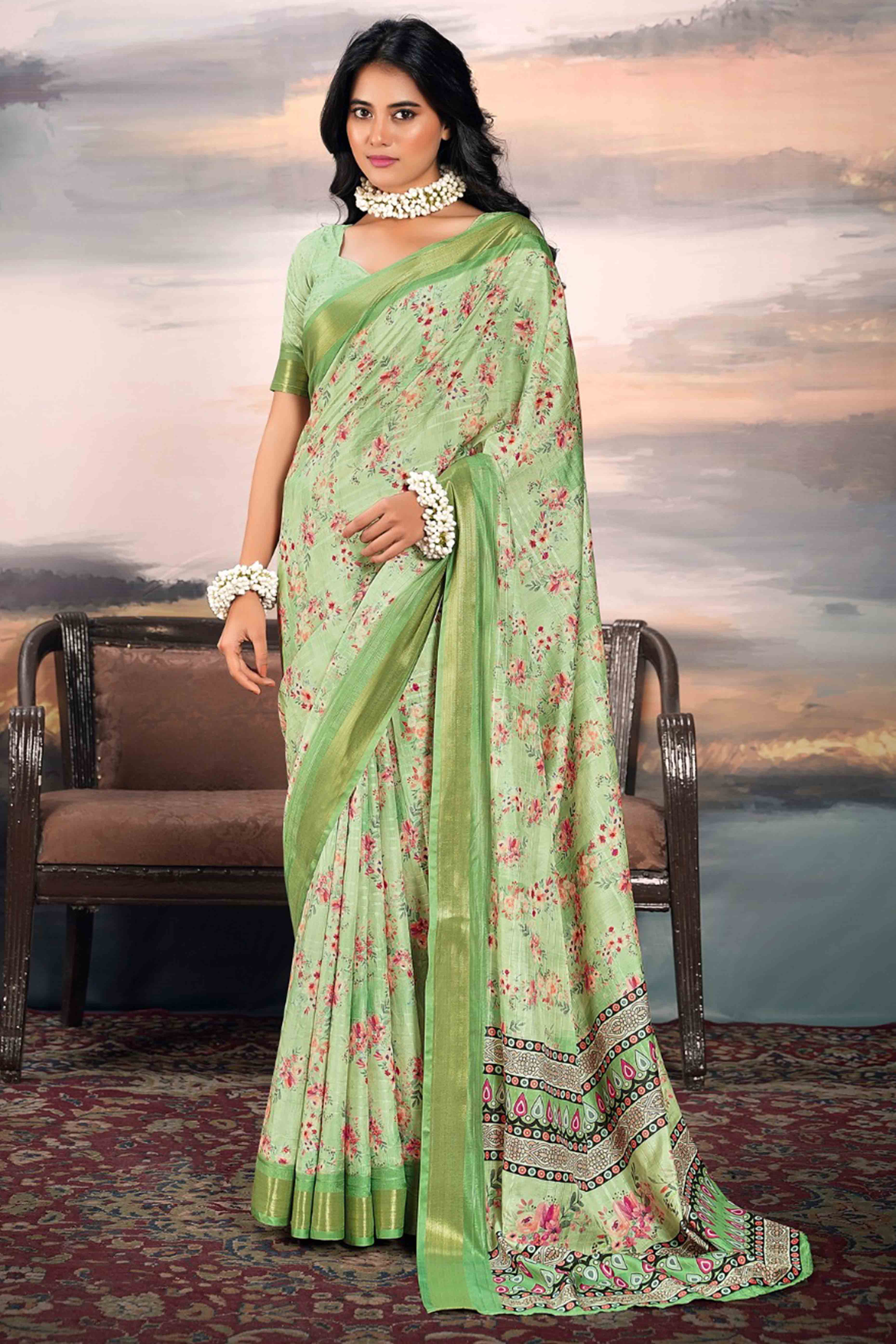 Green Digital Printed Saree in Soft Cotton Silk Fabric