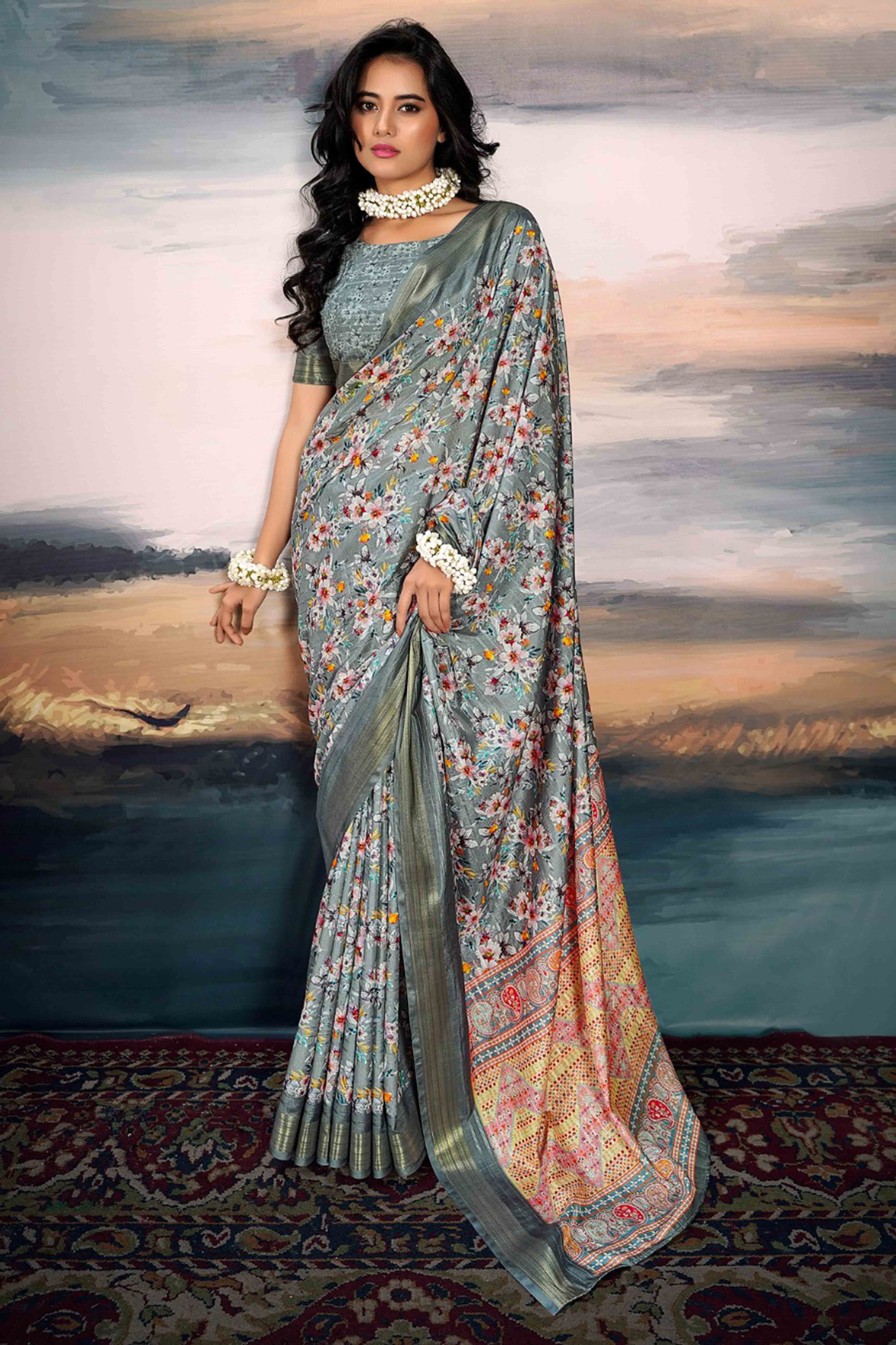 Grey Digital Printed Saree in Soft Cotton Silk Fabric