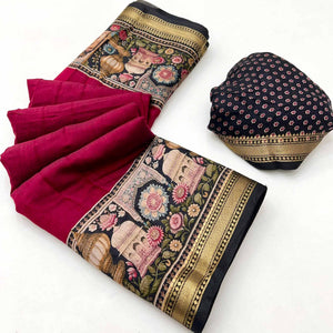 Traditional Print Mulmul Cotton Saree in Magenta with Elegant Zari Border