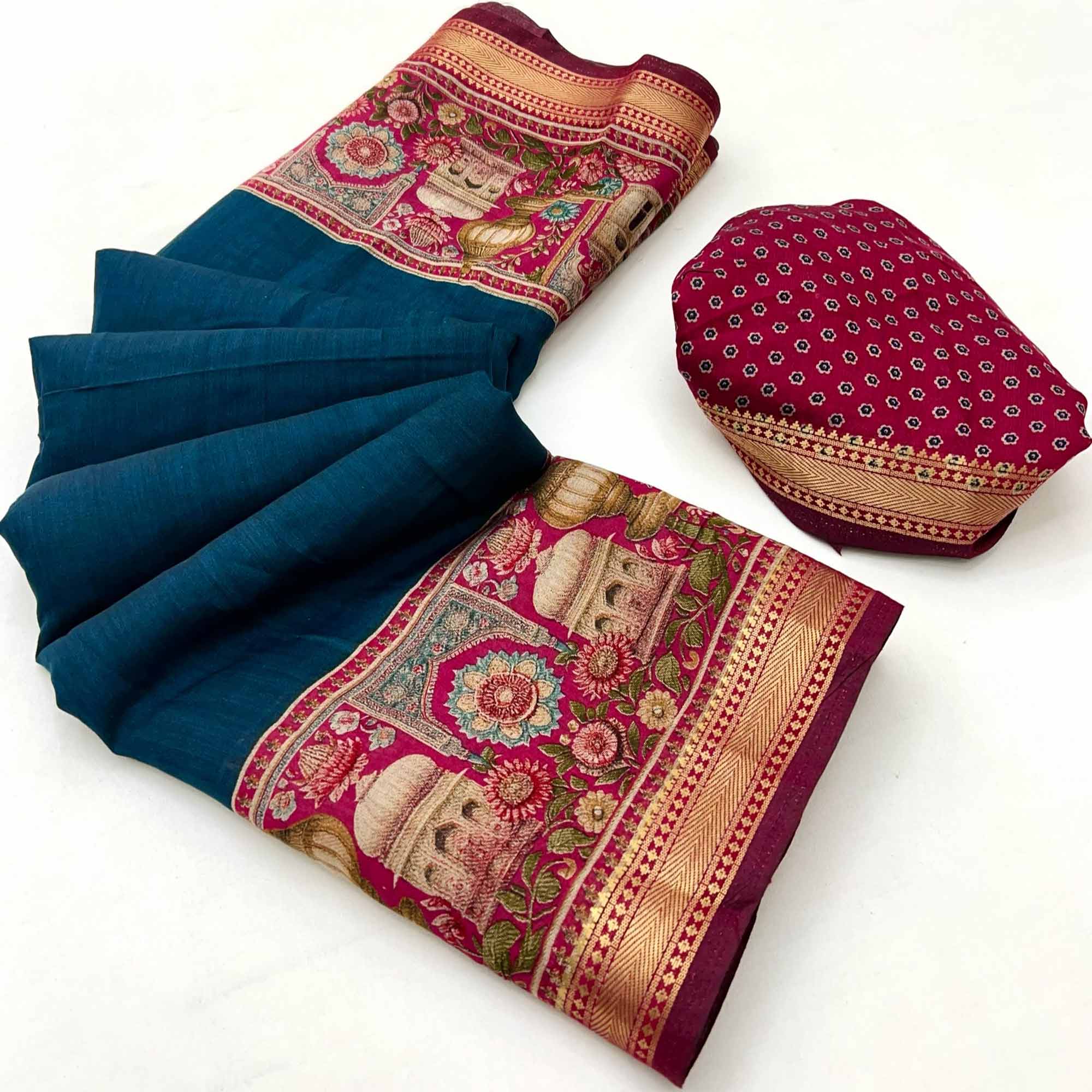 Traditional Print Mulmul Cotton Saree in Teal with Elegant Zari Border