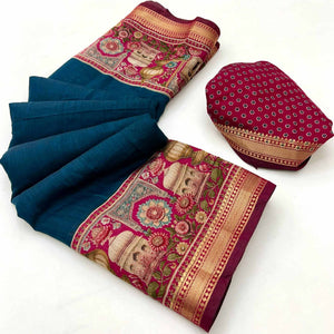 Traditional Print Mulmul Cotton Saree in Teal with Elegant Zari Border