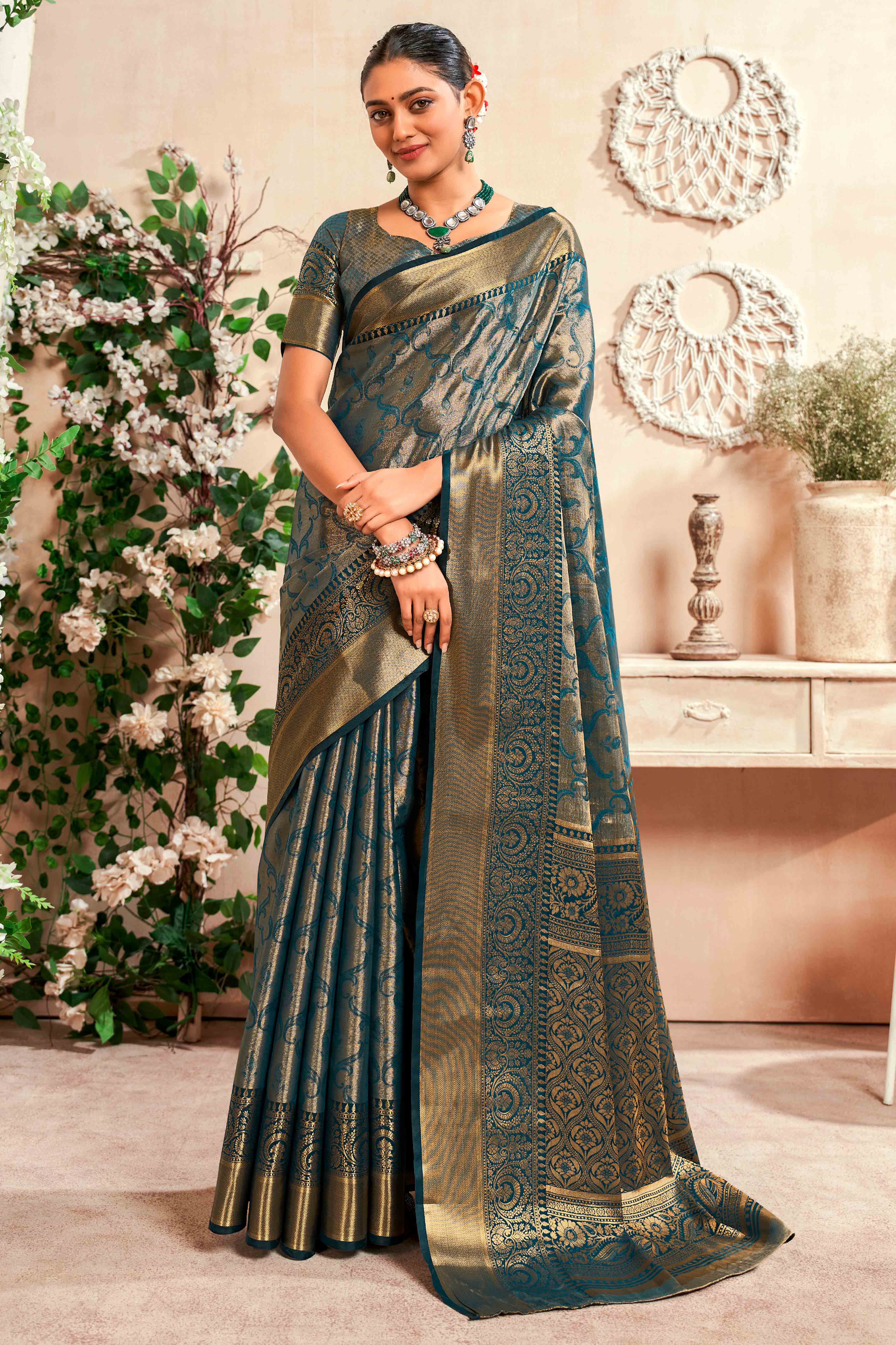 Teal Blue Kanjivaram Silk Saree With Lustrous Zari Artistry